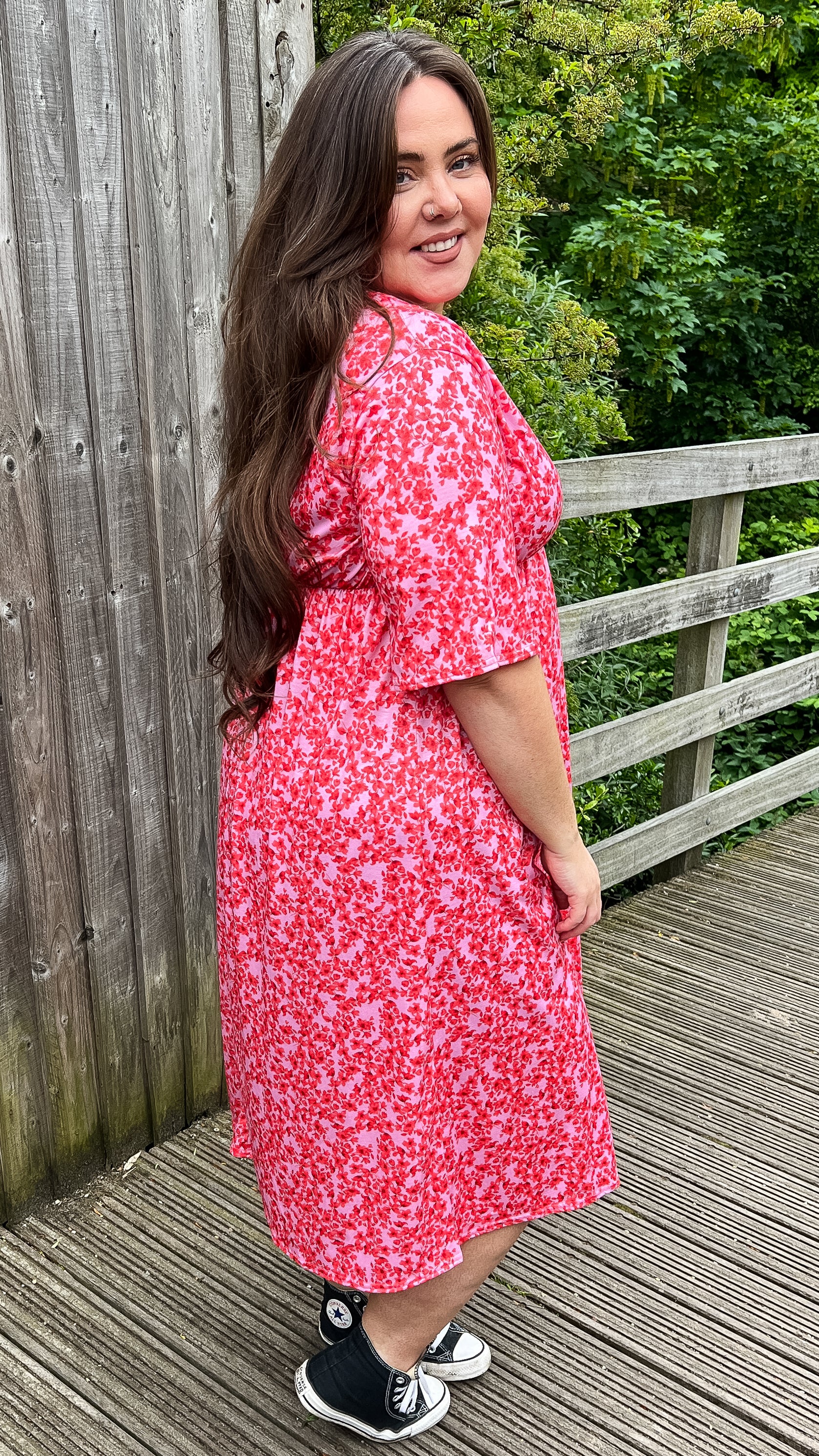 CurveWow Wrap Midi Dress Pink Ditsy Floral