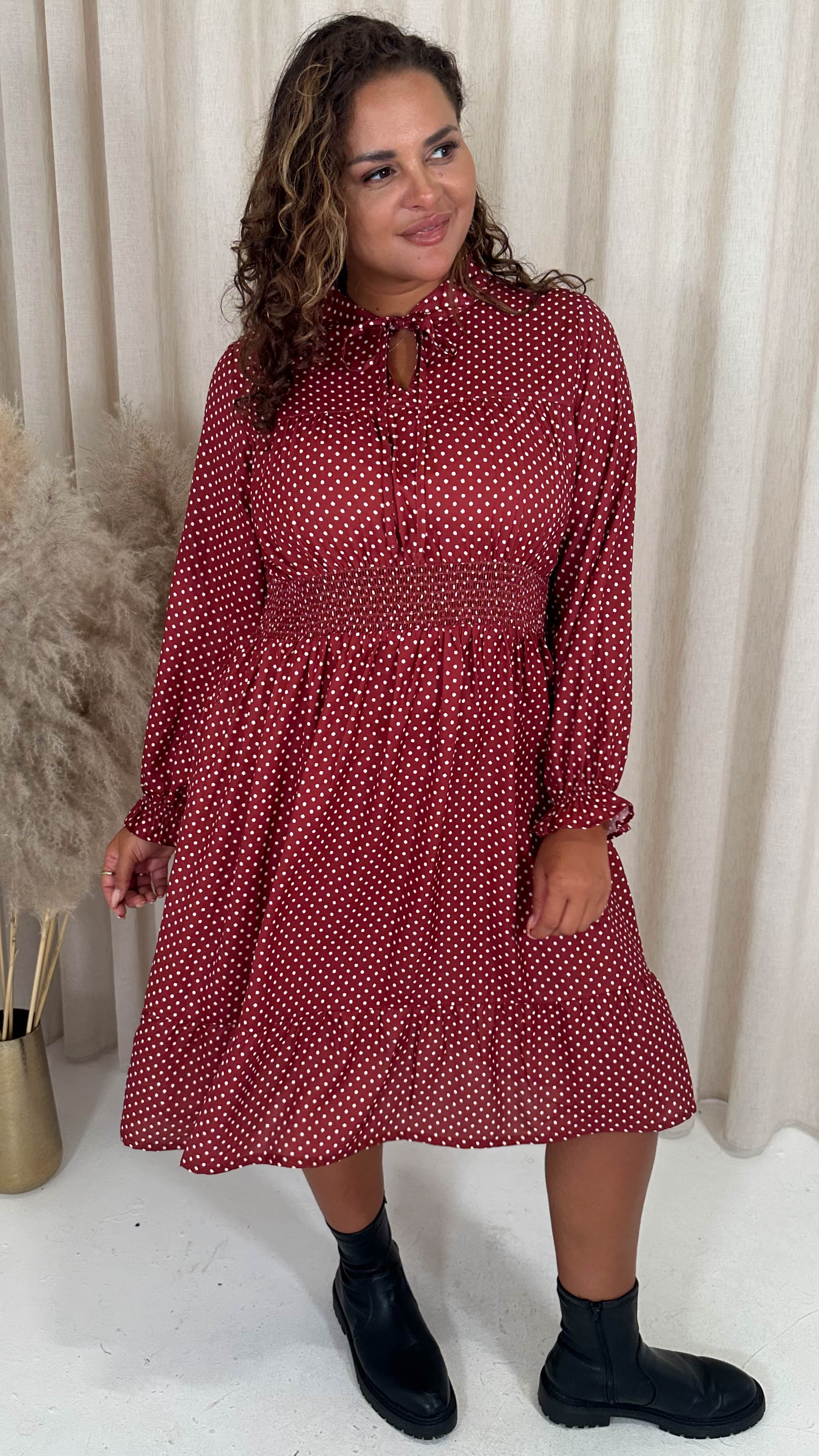 CurveWow Shirred Waist Tie Neck Dress Red Spot