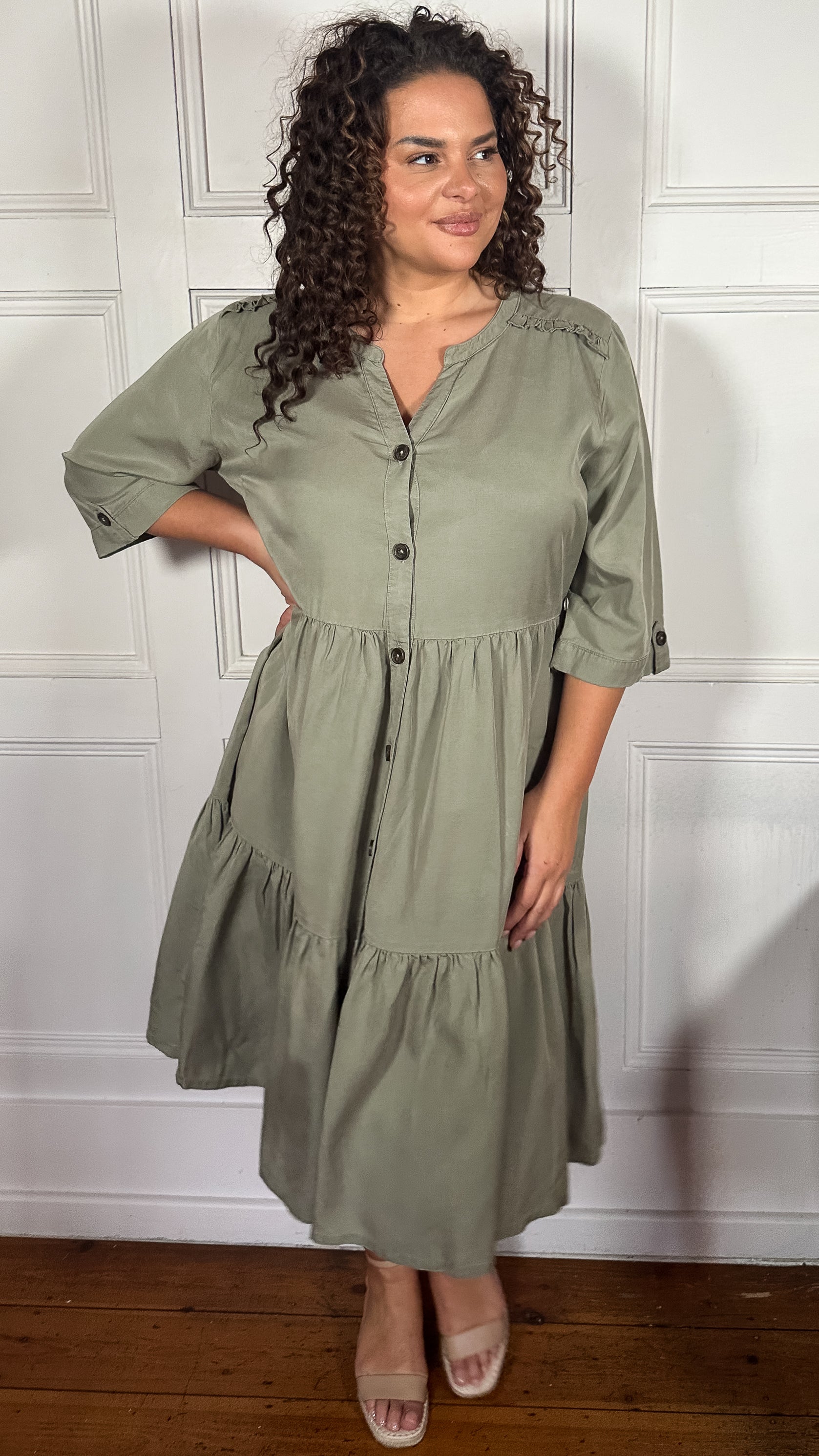 CurveWow Tencel Button Front Tiered Dress Khaki