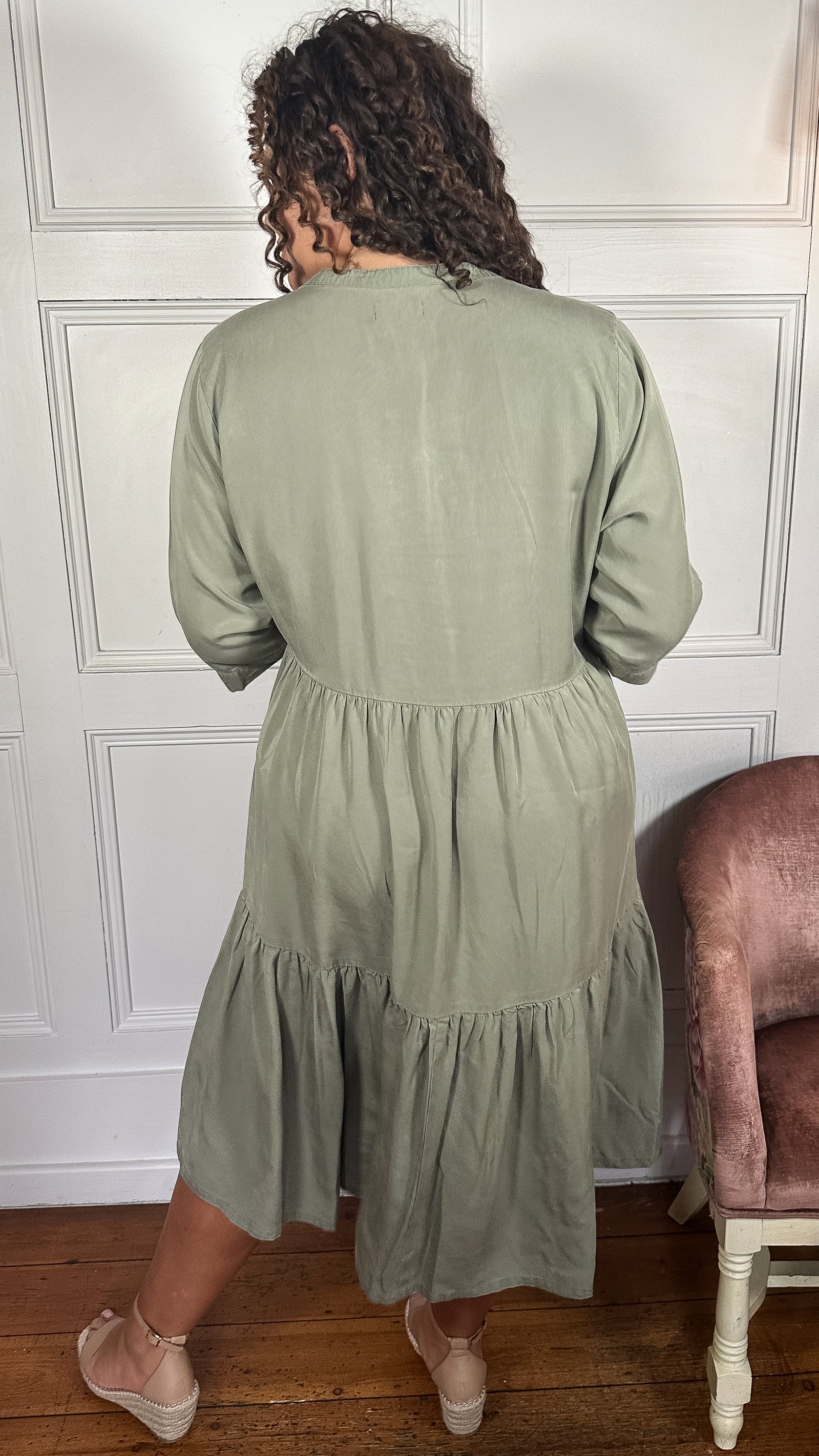 CurveWow Tencel Button Front Tiered Dress Khaki