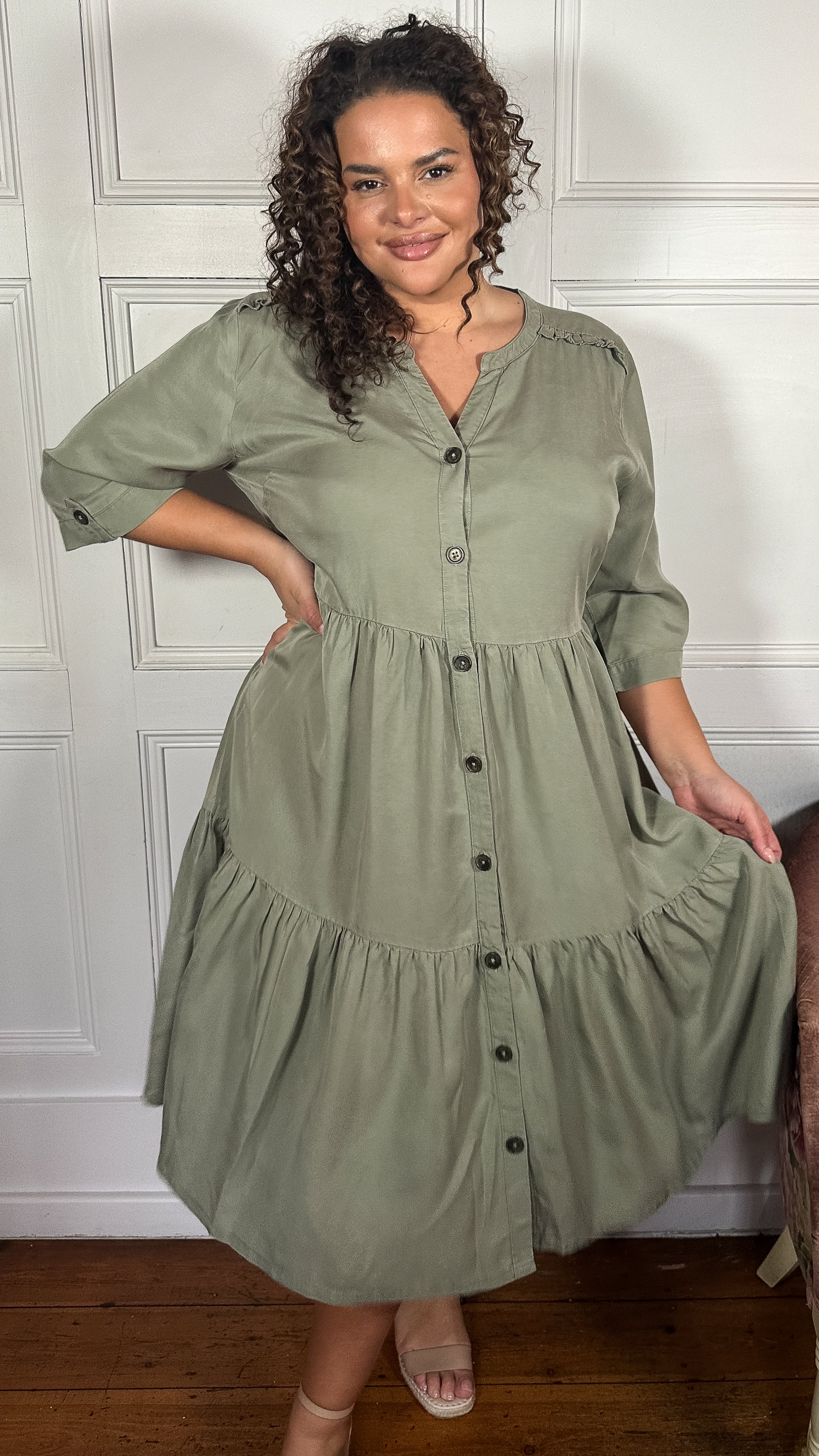 CurveWow Tencel Button Front Tiered Dress Khaki