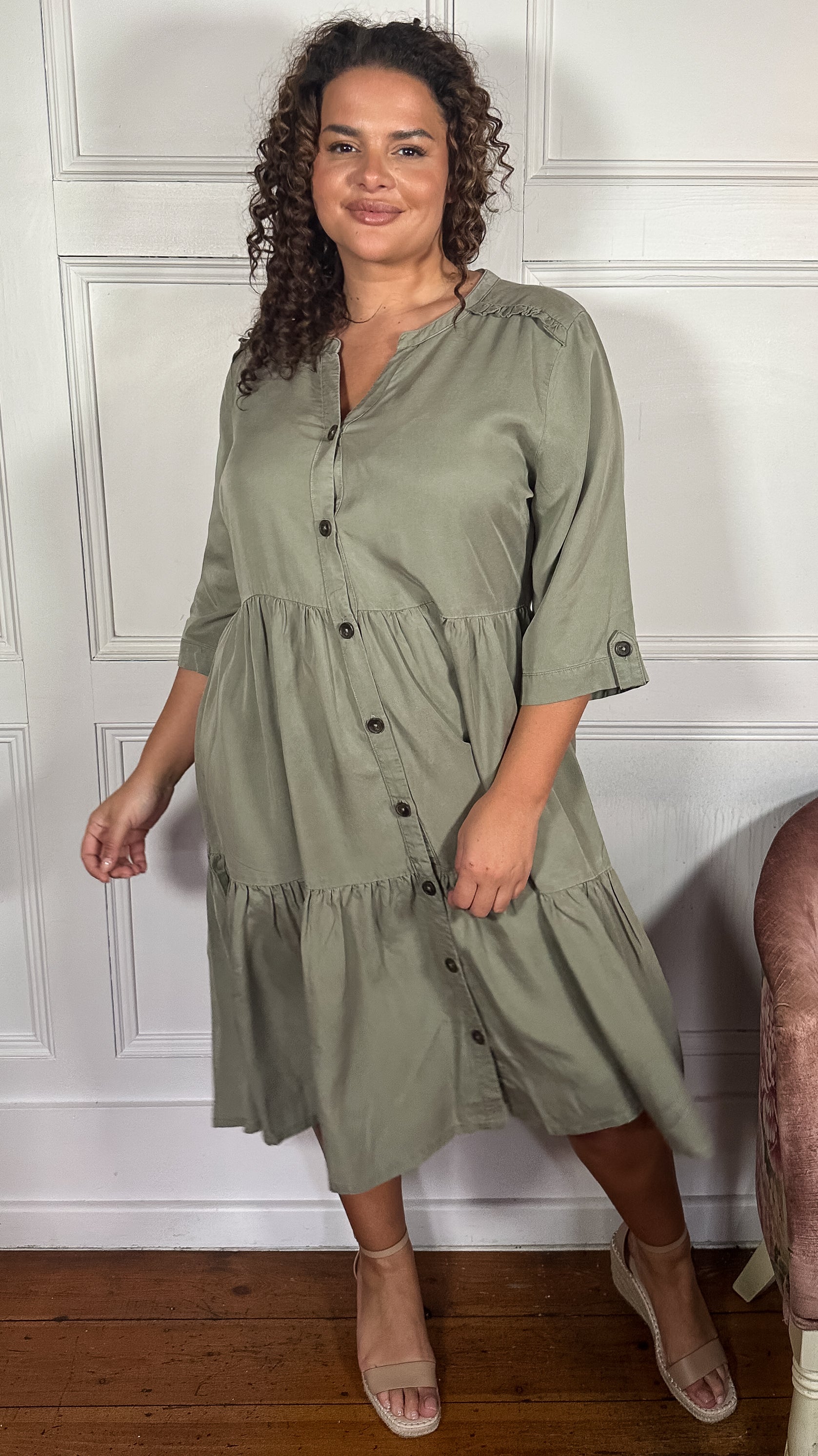 CurveWow Tencel Button Front Tiered Dress Khaki