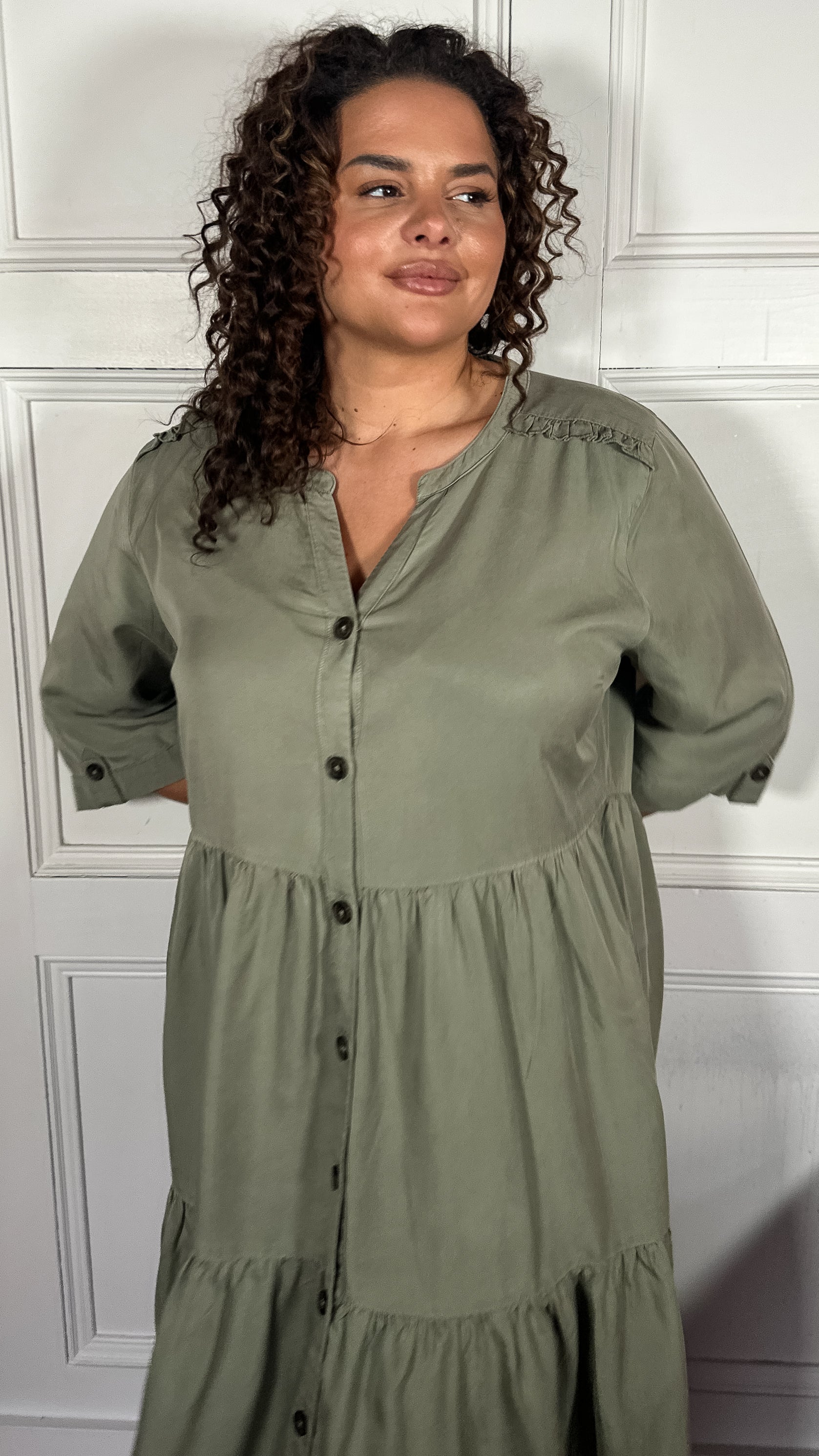 CurveWow Tencel Button Front Tiered Dress Khaki