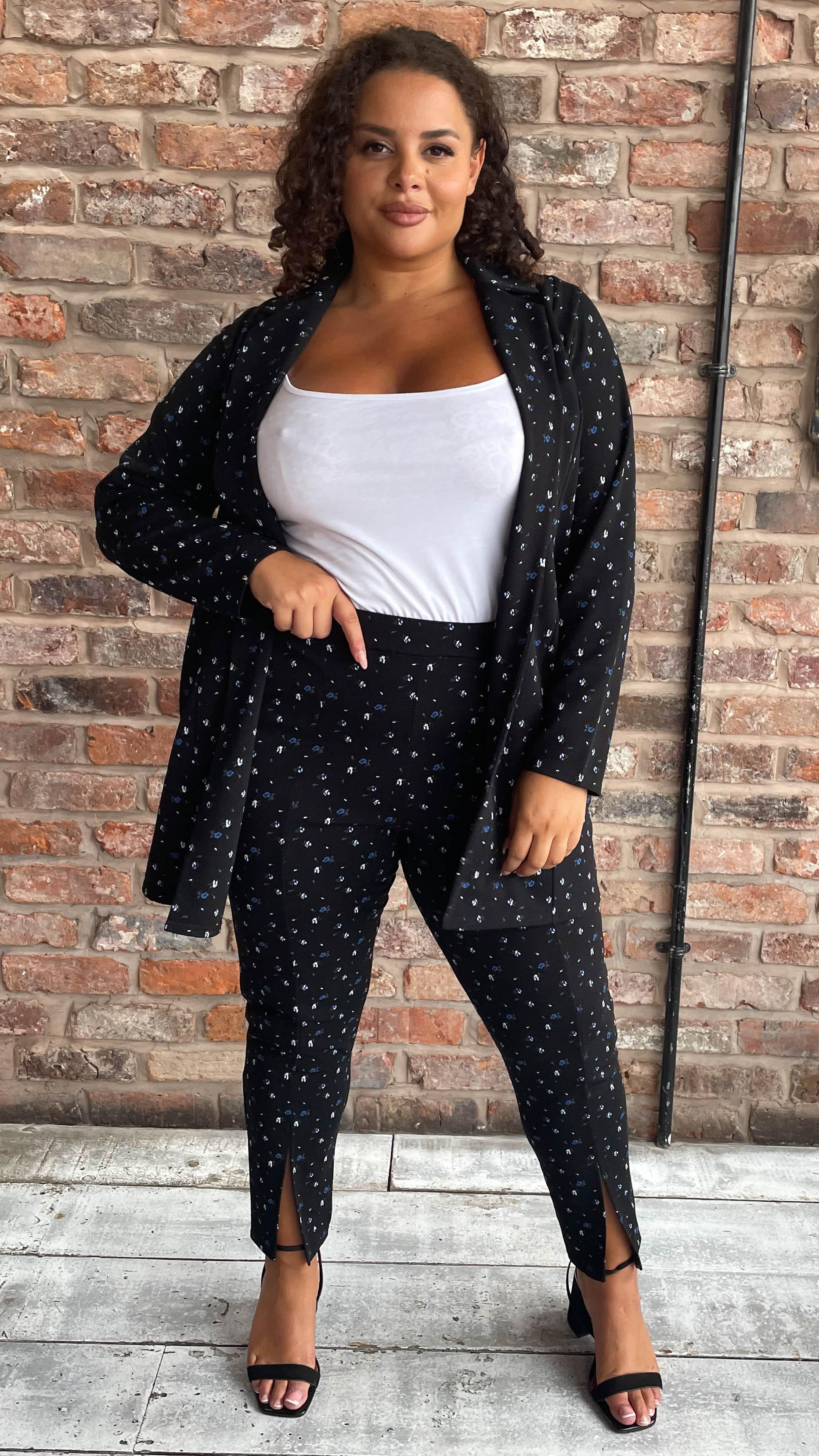 CurveWow Ditsy Print Split Hem Trouser Black