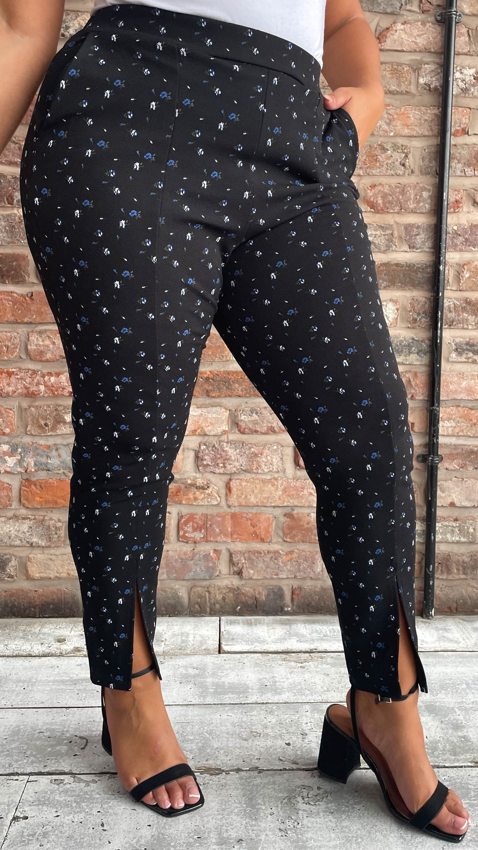 CurveWow Ditsy Print Split Hem Trouser Black