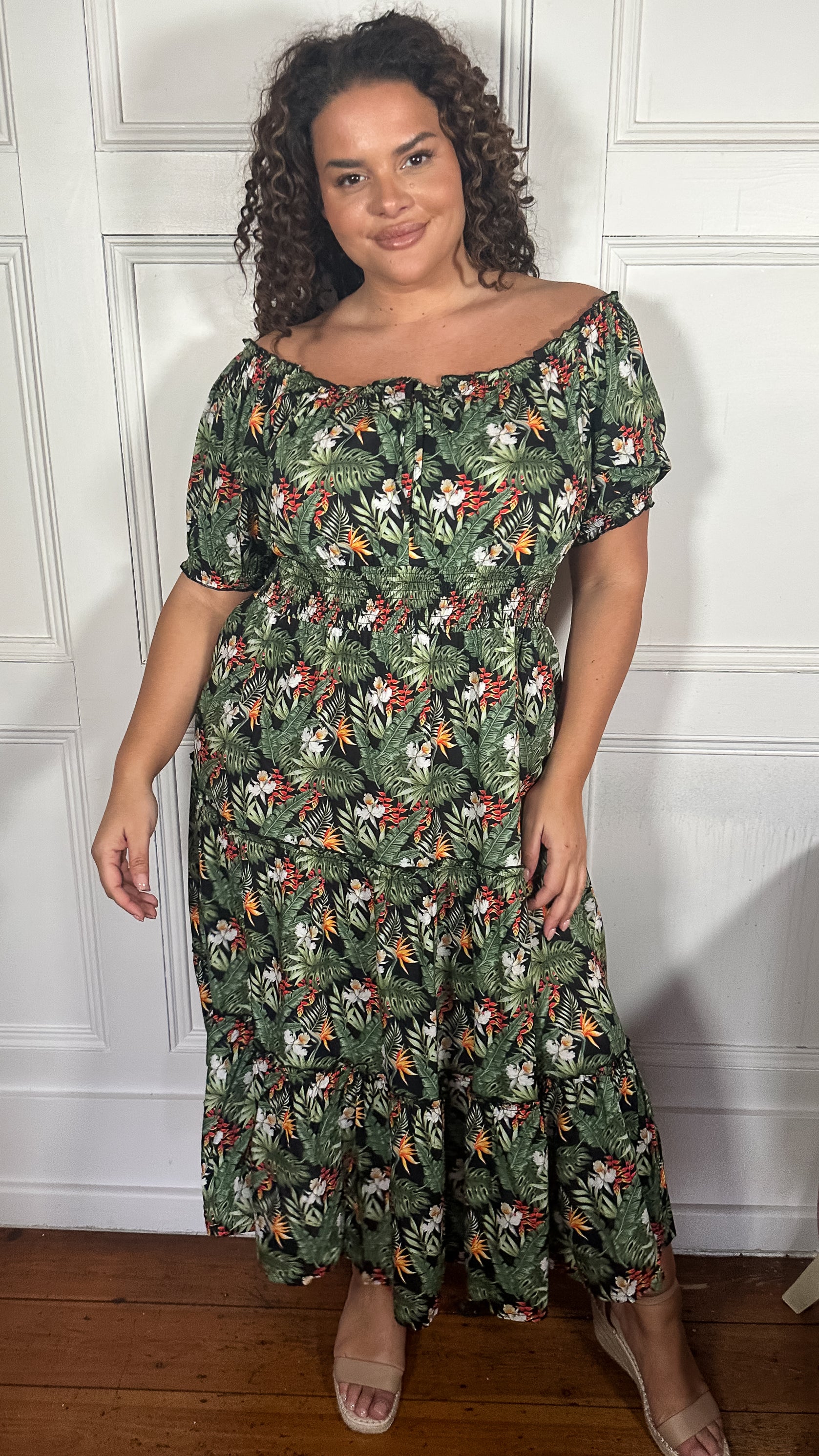 CurveWow Bardot Shirred Waist Midi Dress Black Tropical