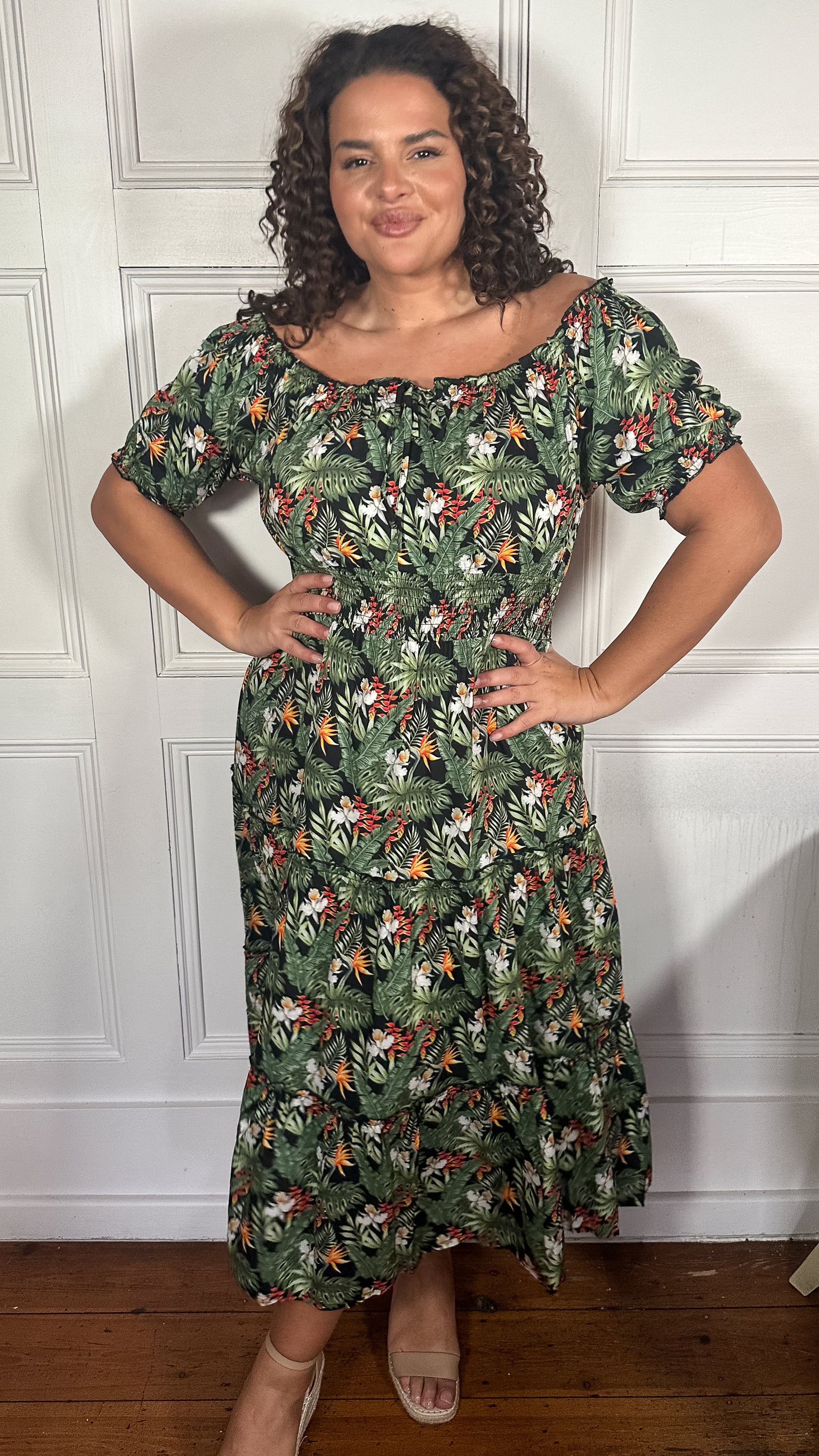 CurveWow Bardot Shirred Waist Midi Dress Black Tropical