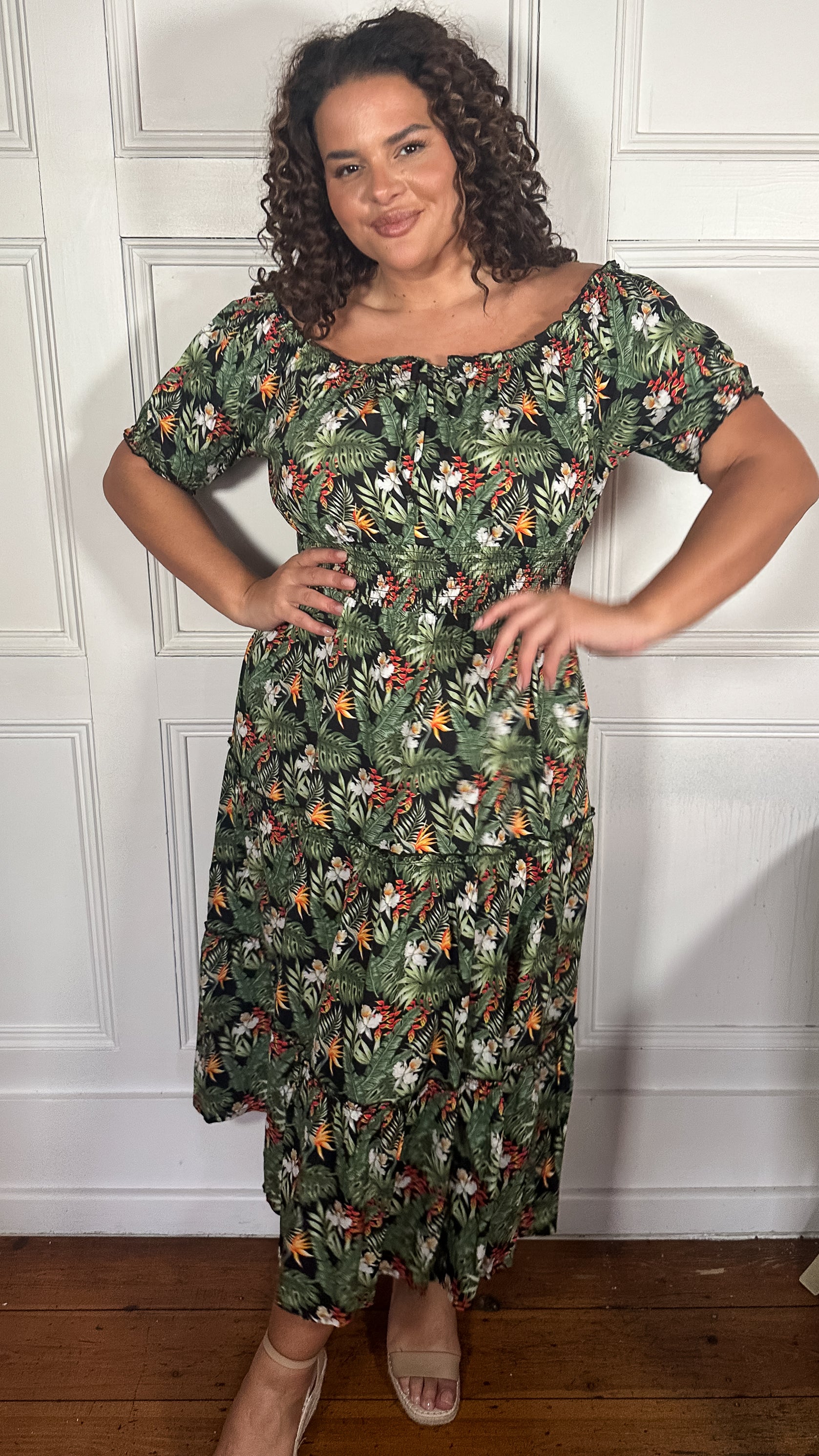 CurveWow Bardot Shirred Waist Midi Dress Black Tropical