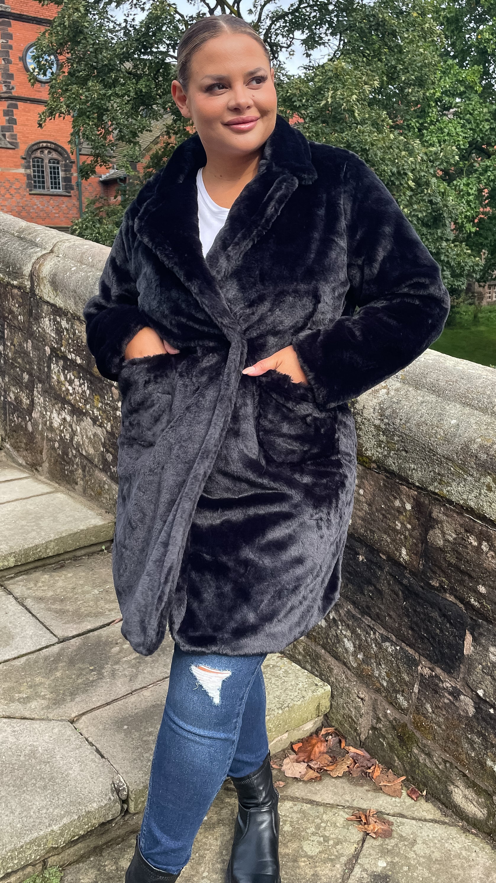 CurveWow Faux Fur Button Front Coat Black