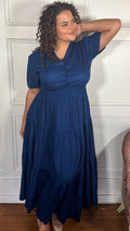 CurveWow Button Front Tiered Maxi Dress Navy