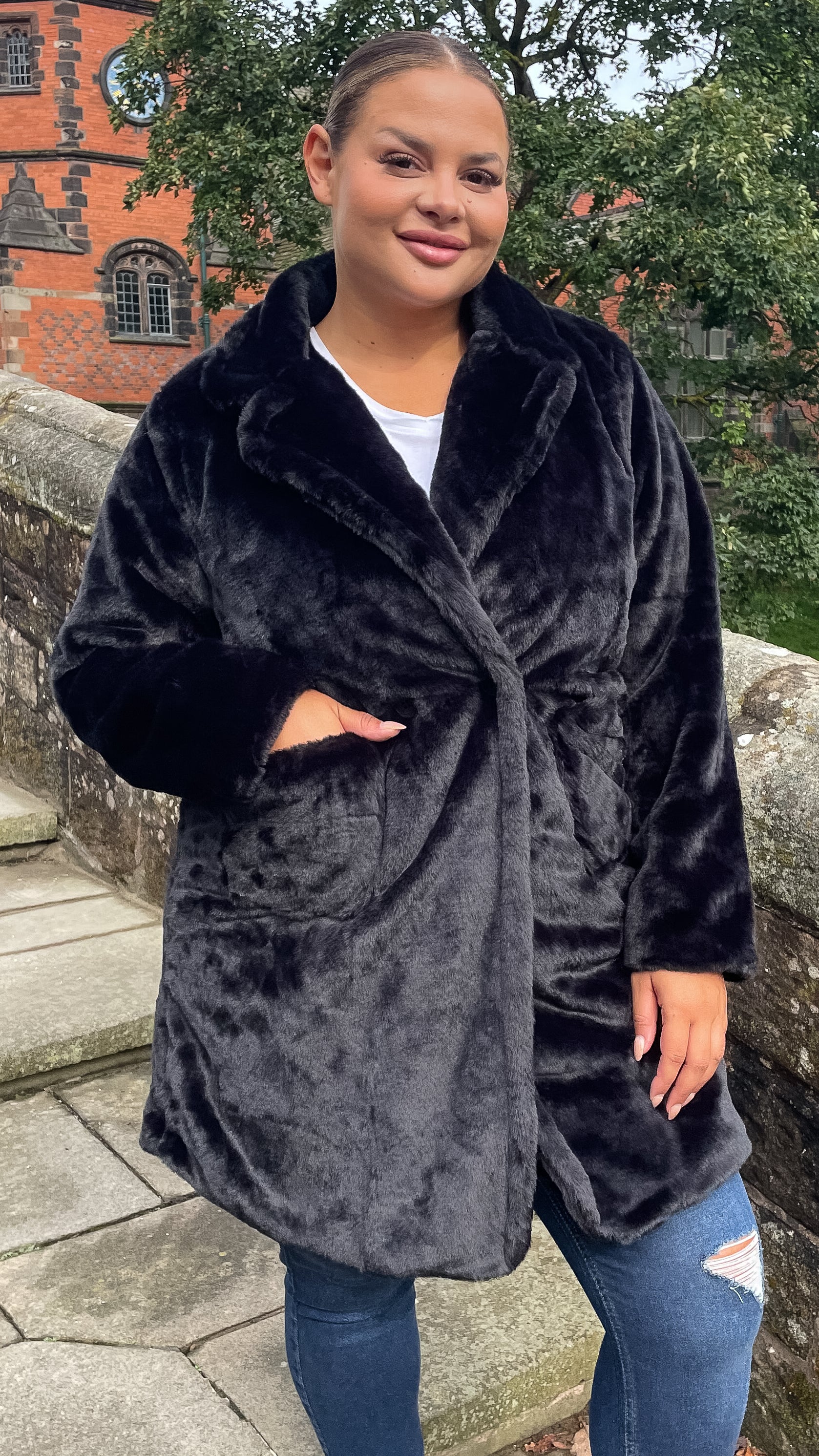 CurveWow Faux Fur Button Front Coat Black
