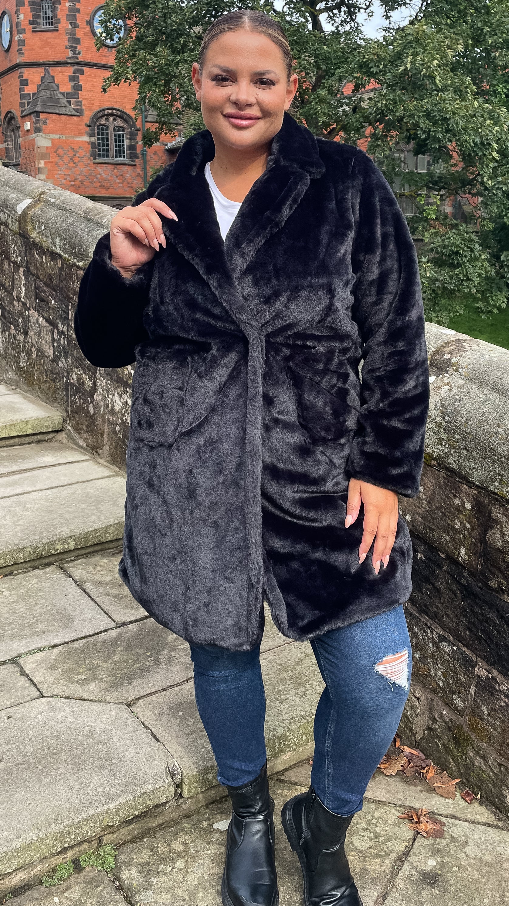 CurveWow Faux Fur Button Front Coat Black