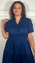 CurveWow Button Front Tiered Maxi Dress Navy