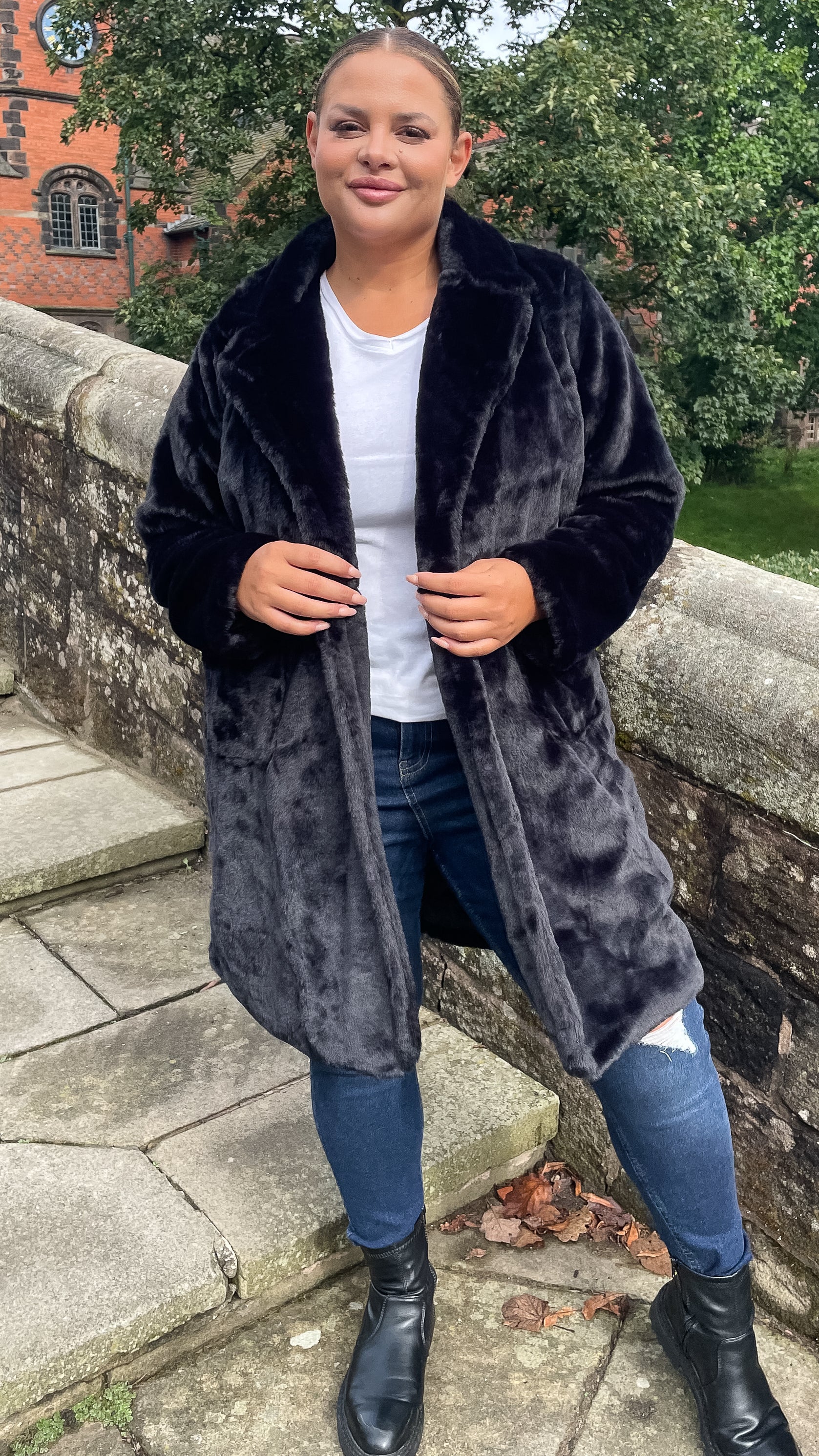 CurveWow Faux Fur Button Front Coat Black