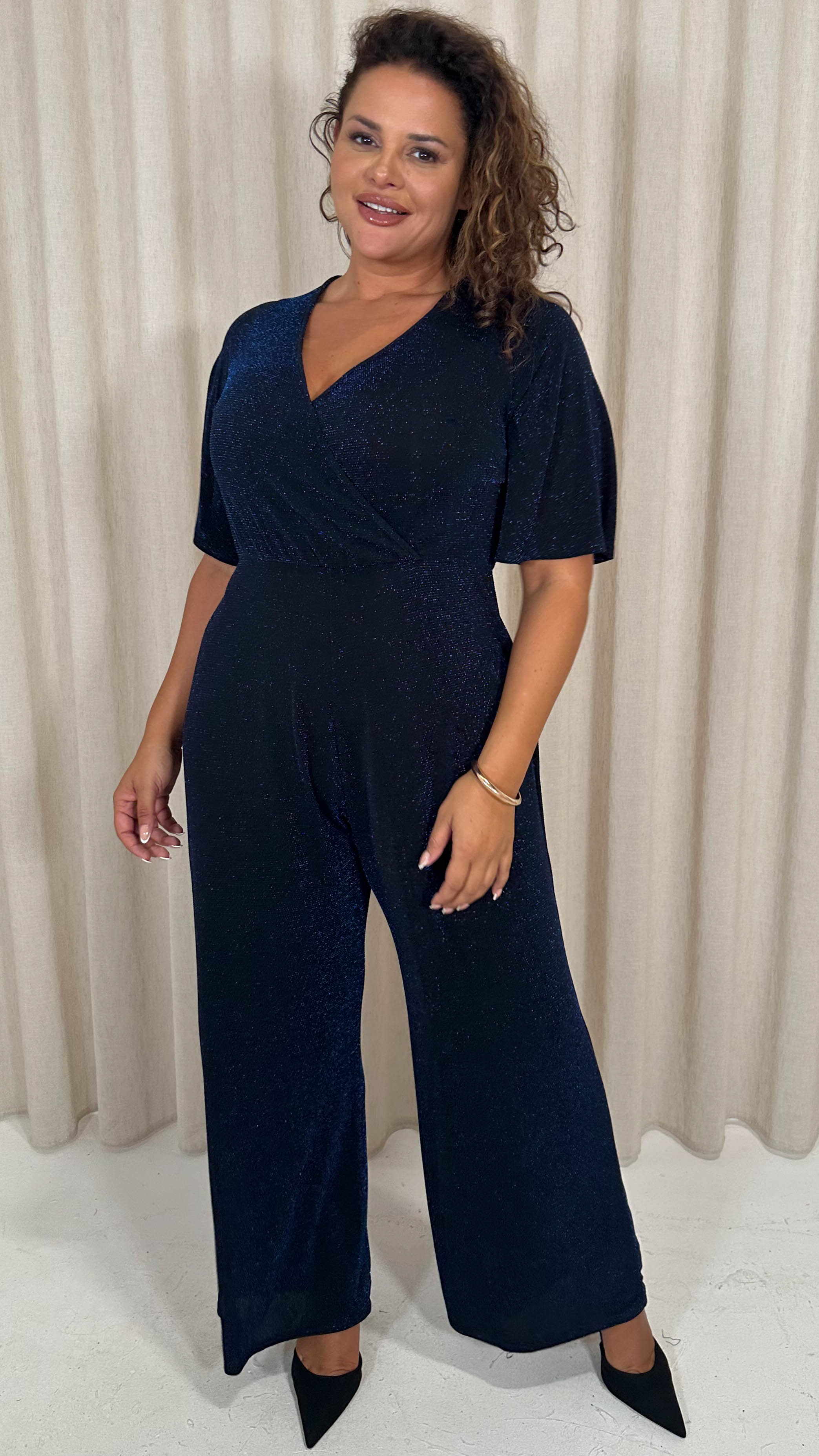 CurveWow Sparkle Wrap Jumpsuit Black and Blue