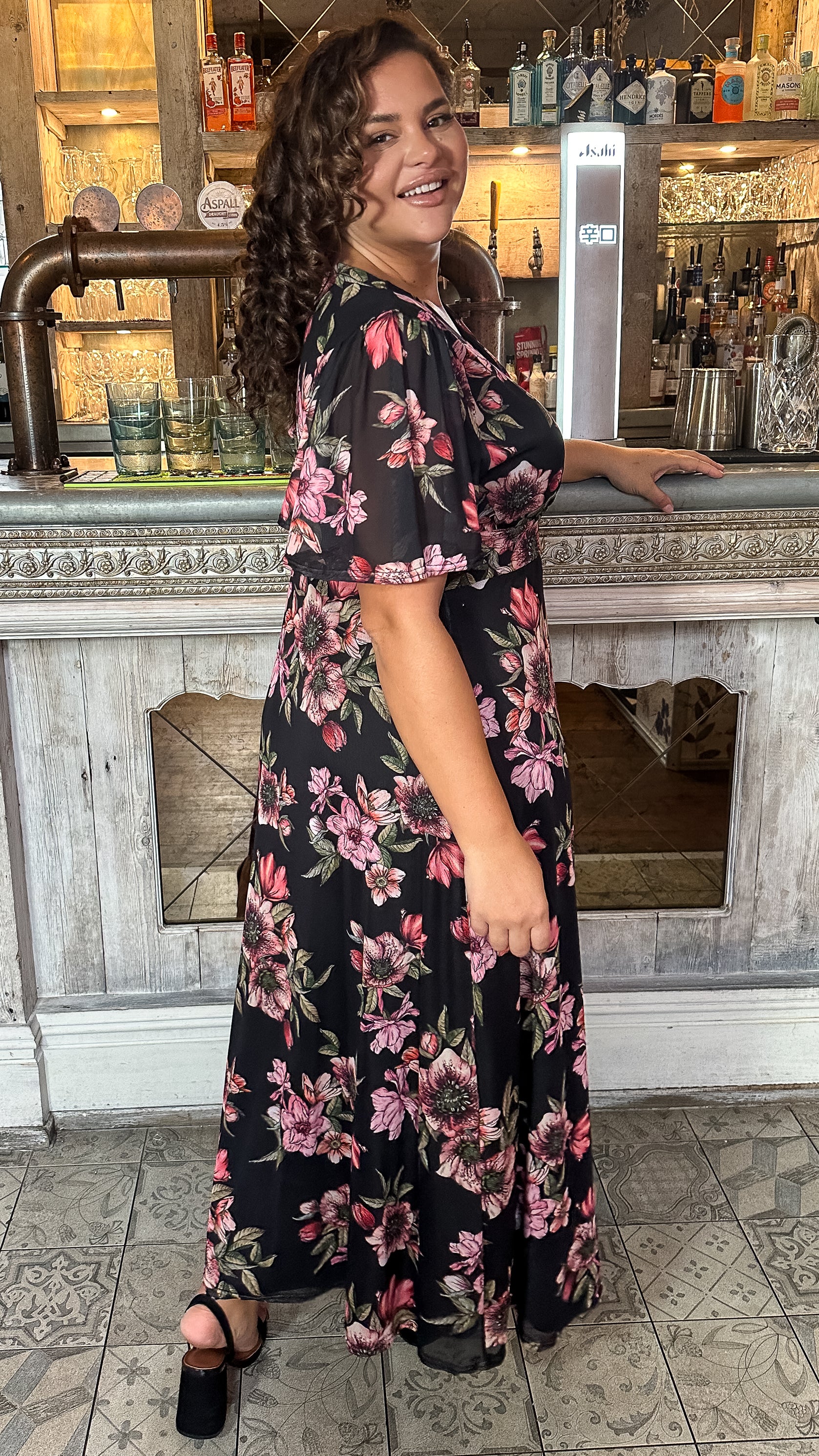 CurveWow Mesh Angel Sleeve Maxi Dress Black Floral