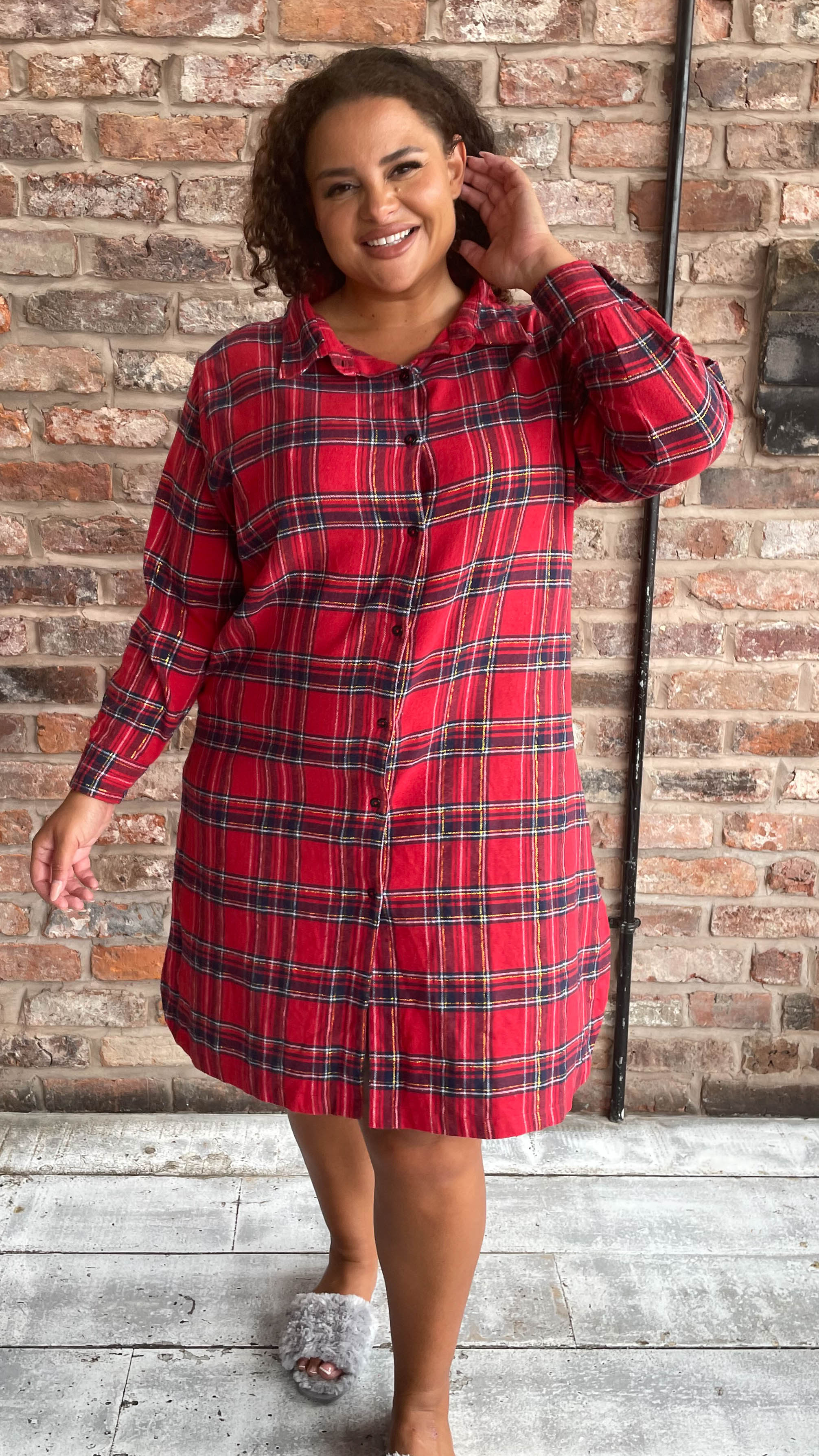 CurveWow Flannel Tartan Nightgown Red