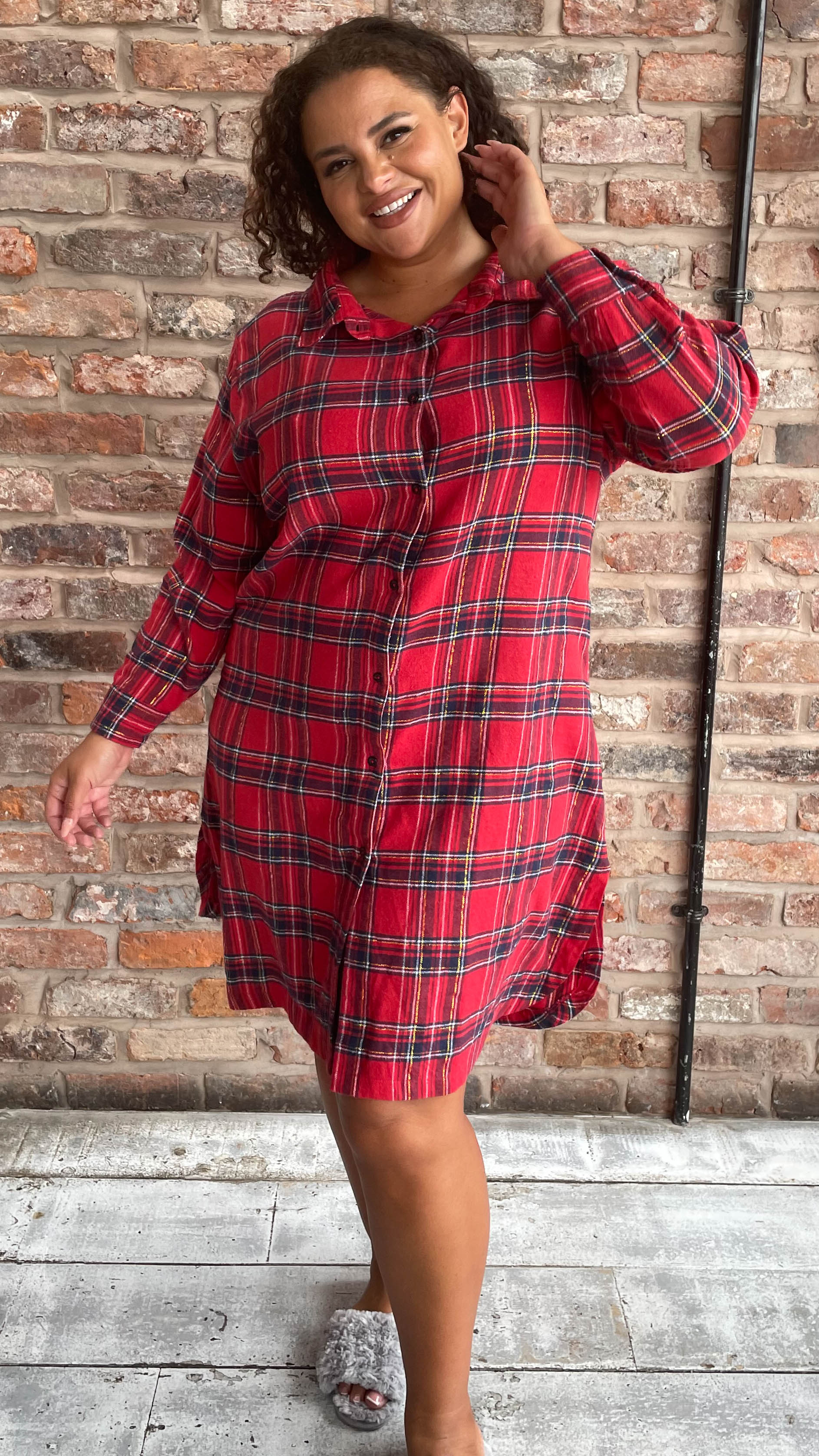 CurveWow Flannel Tartan Nightgown Red