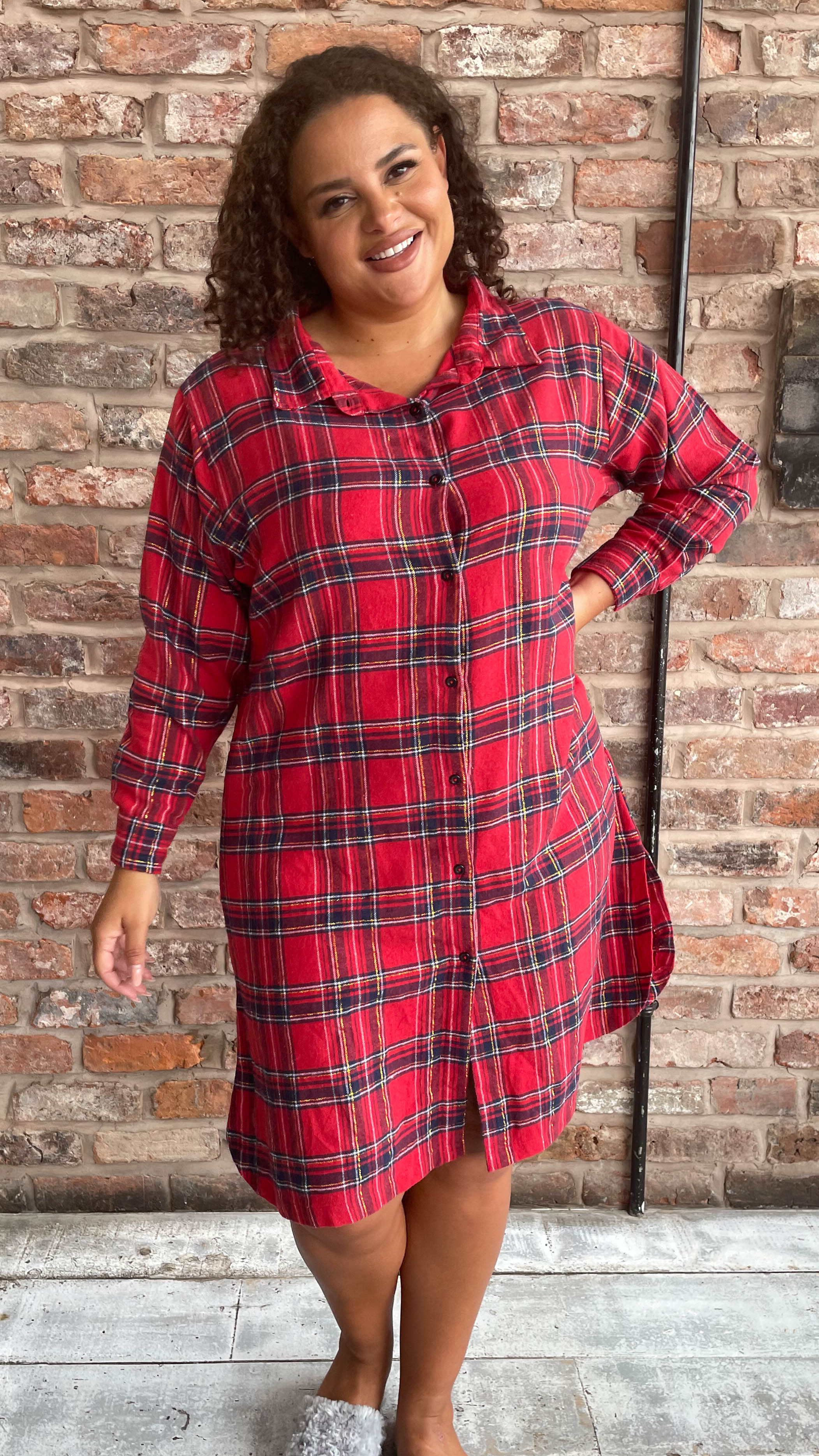 CurveWow Flannel Tartan Nightgown Red