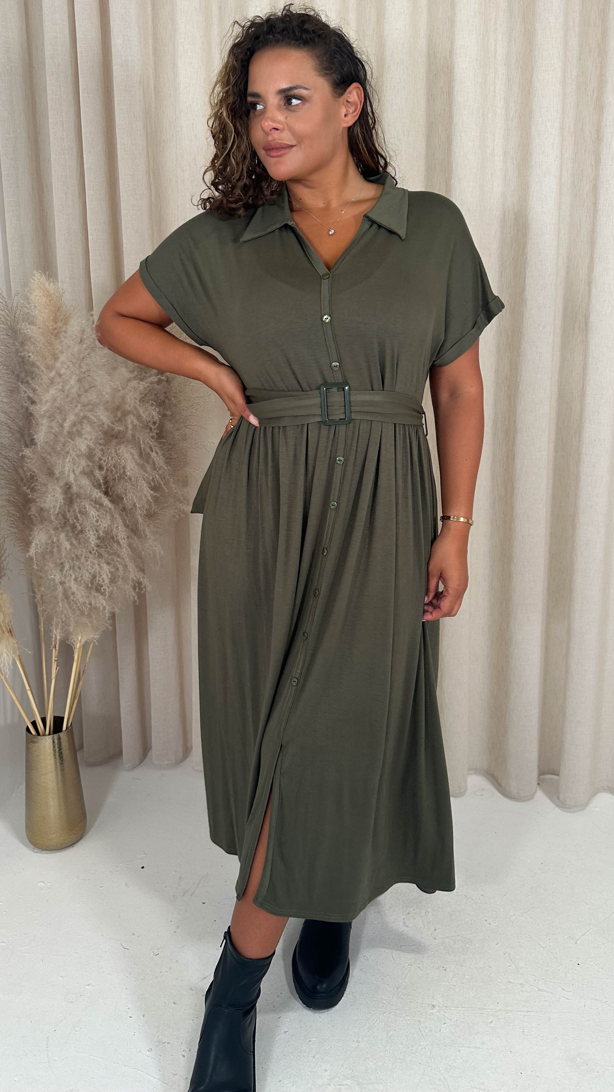CurveWow Drop Shoulder Mock Placket Collar Midi Dress Khaki