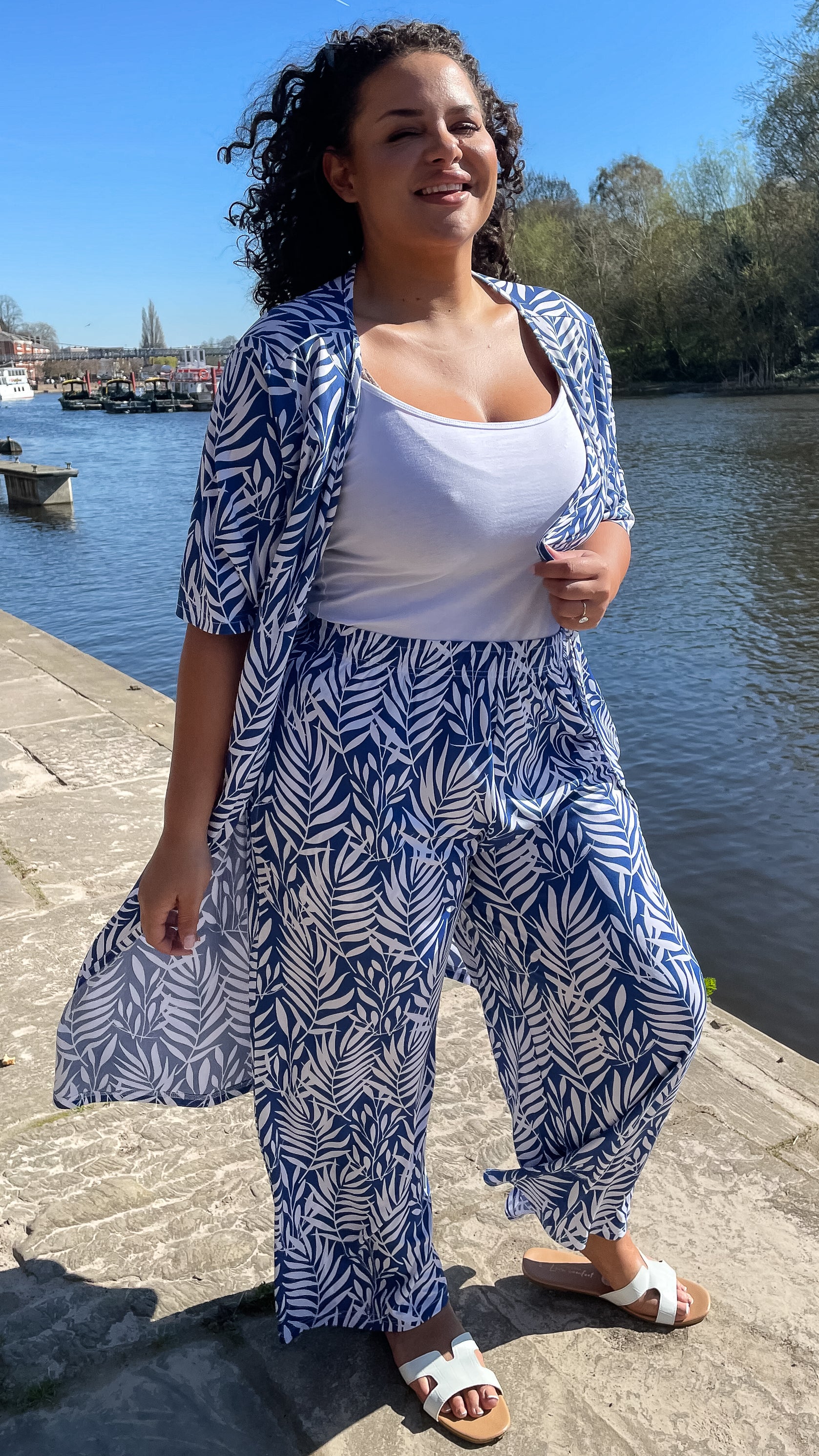 CurveWow Floral Printed Trousers Royal Blue