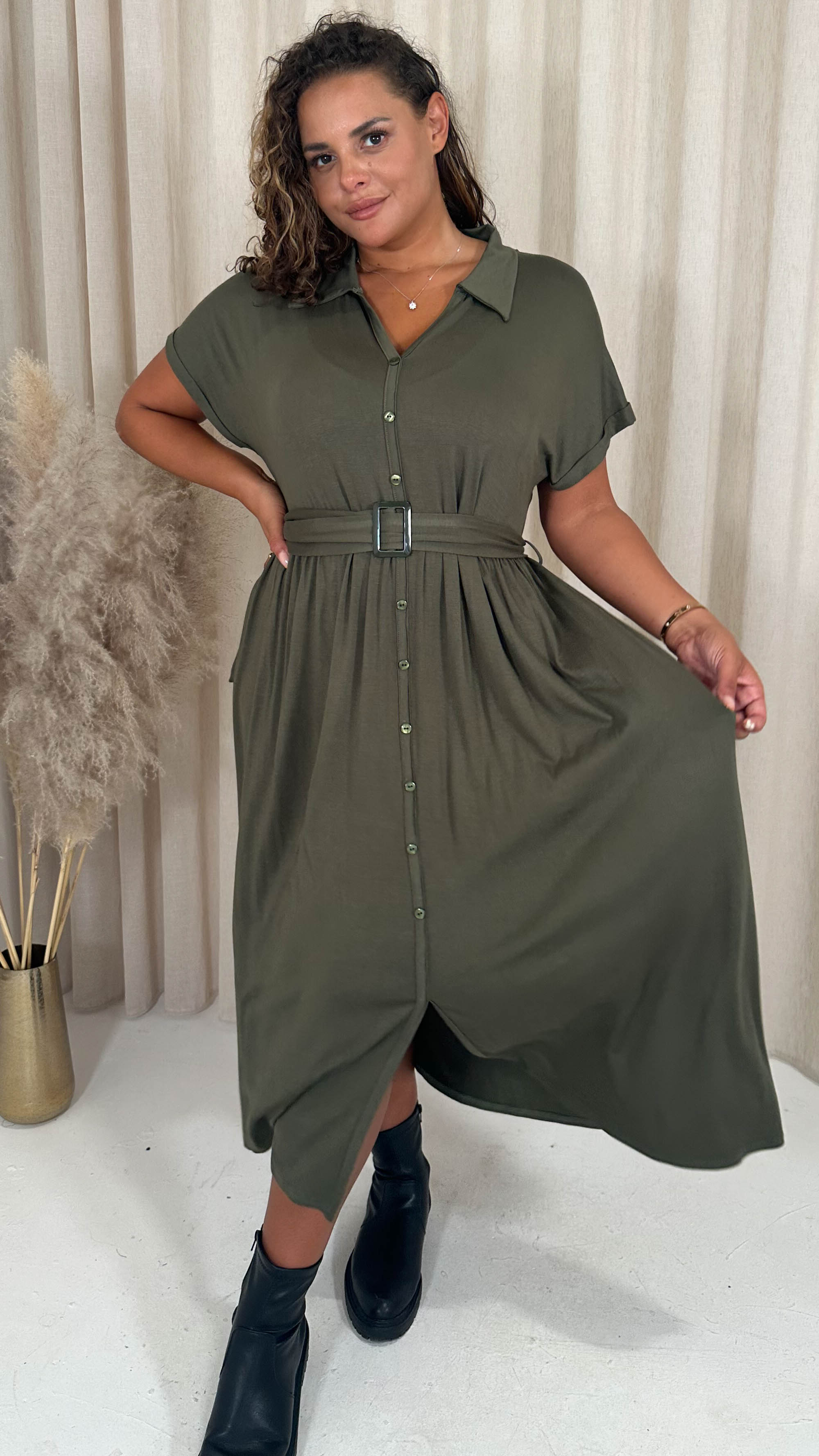 CurveWow Drop Shoulder Mock Placket Collar Midi Dress Khaki