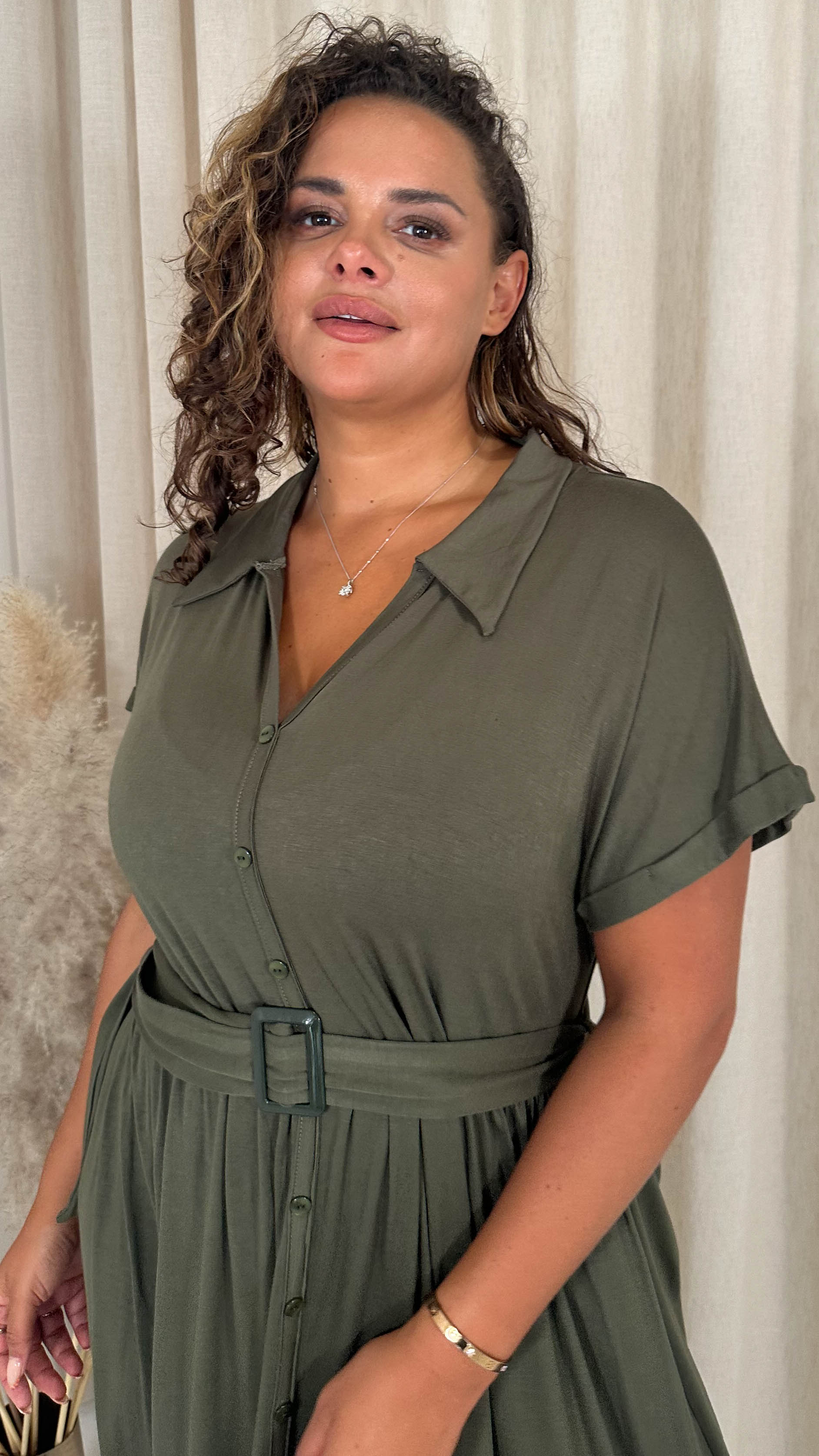 CurveWow Drop Shoulder Mock Placket Collar Midi Dress Khaki