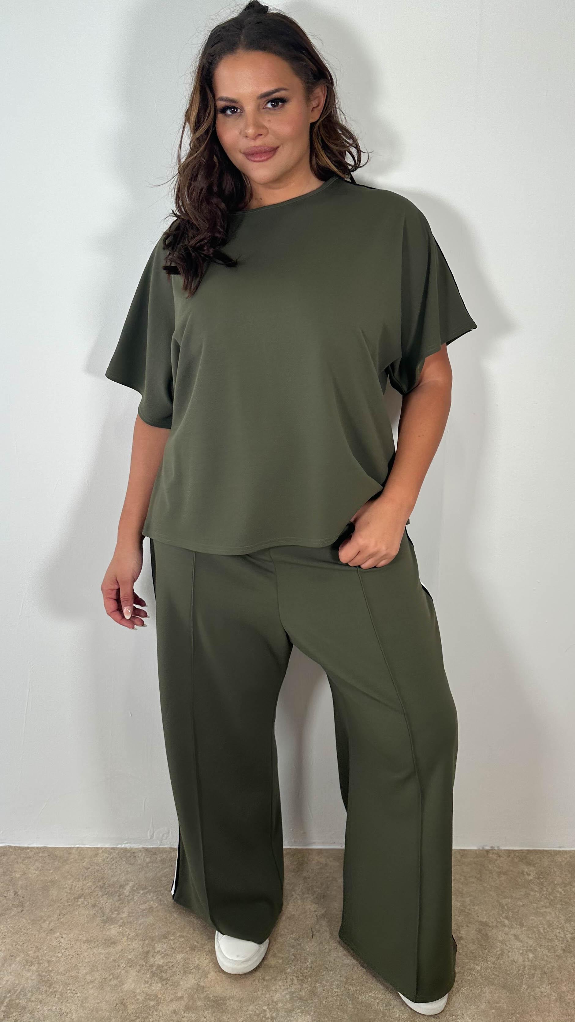 CurveWow Tape Shoulder Boxy Top Co-Ord Khaki