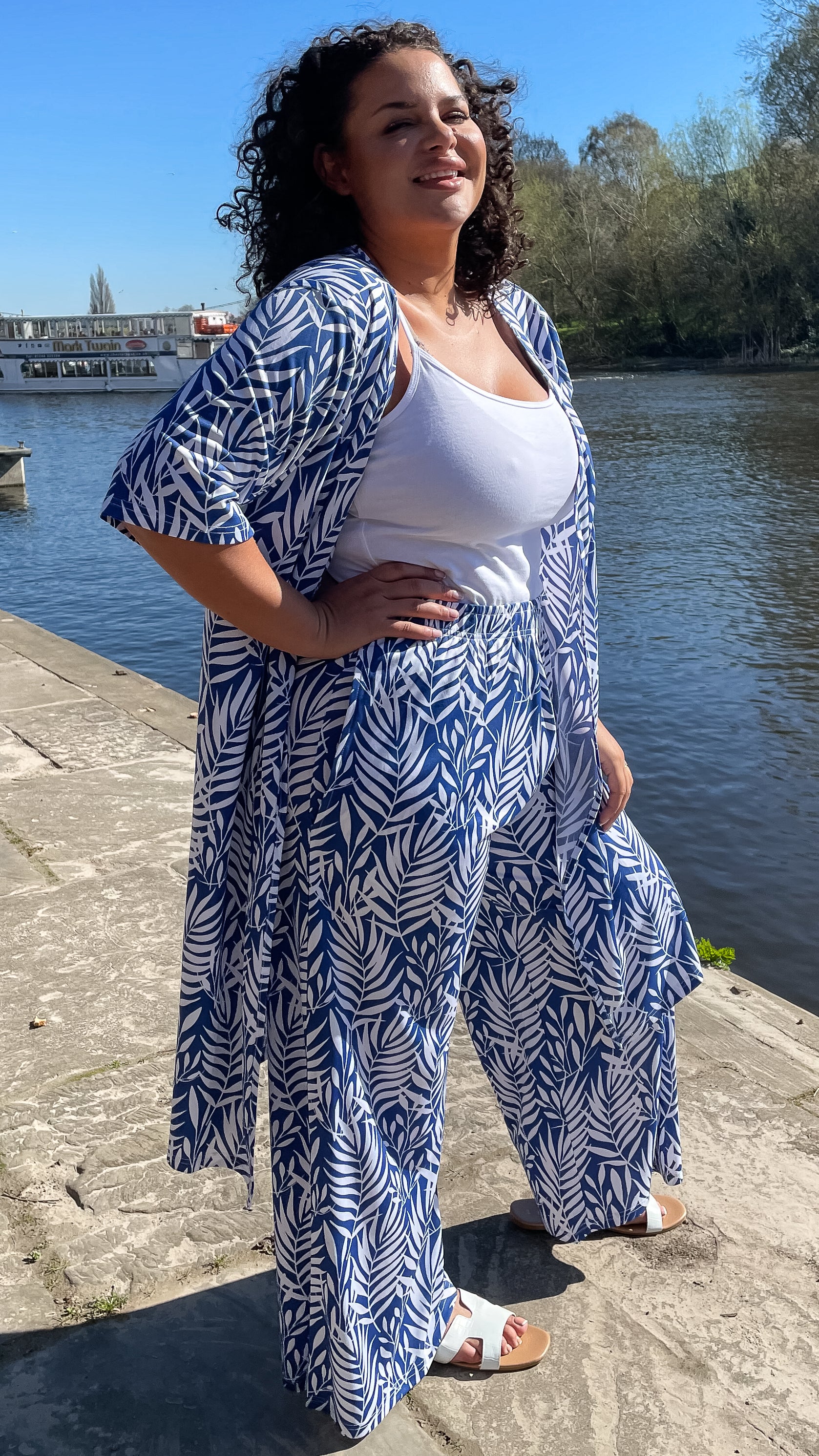 CurveWow Floral Printed Trousers Royal Blue