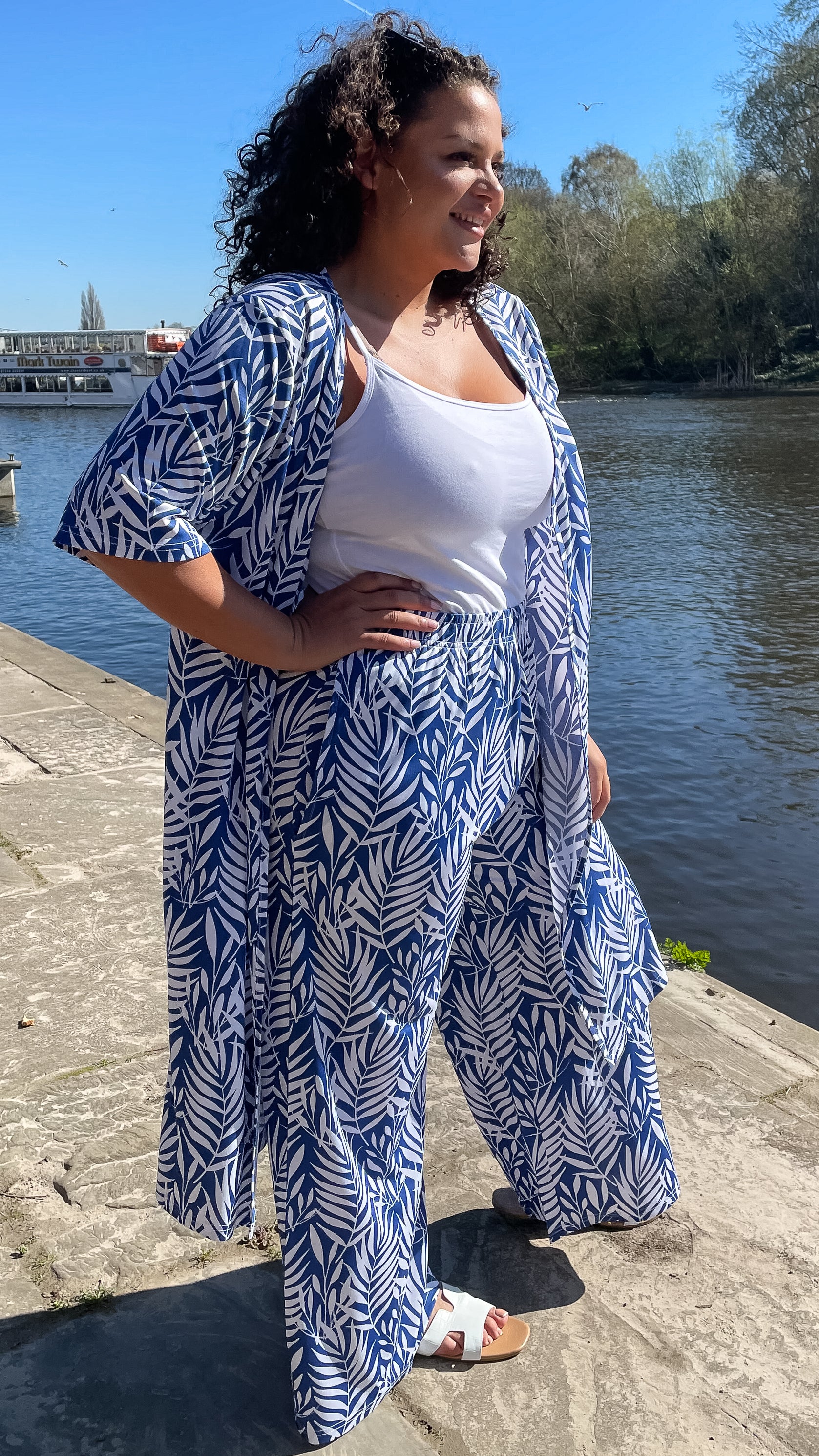 CurveWow Floral Printed Trousers Royal Blue