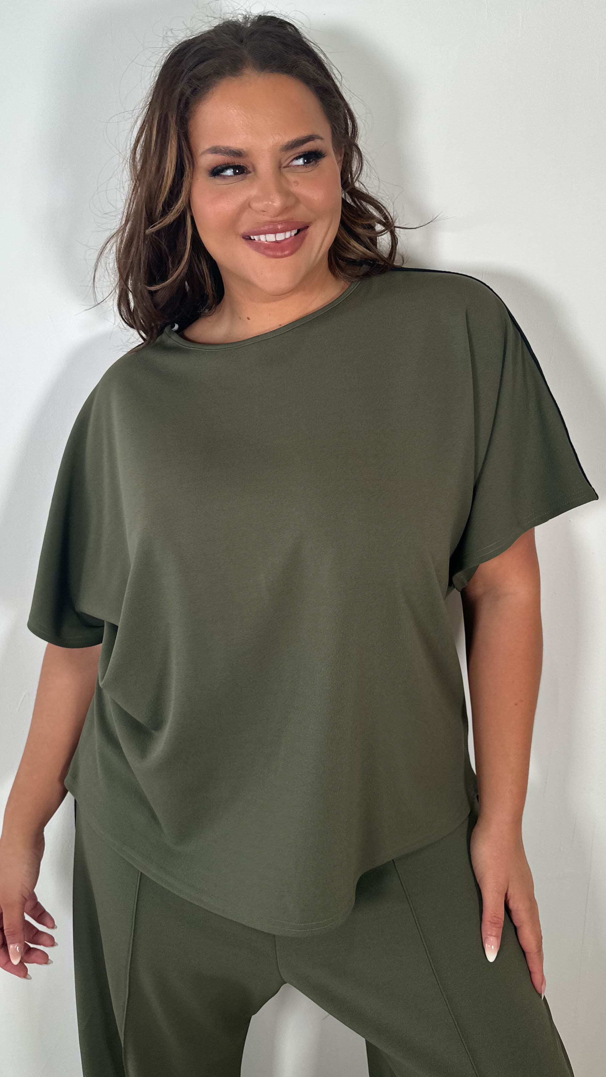 CurveWow Tape Shoulder Boxy Top Co-Ord Khaki
