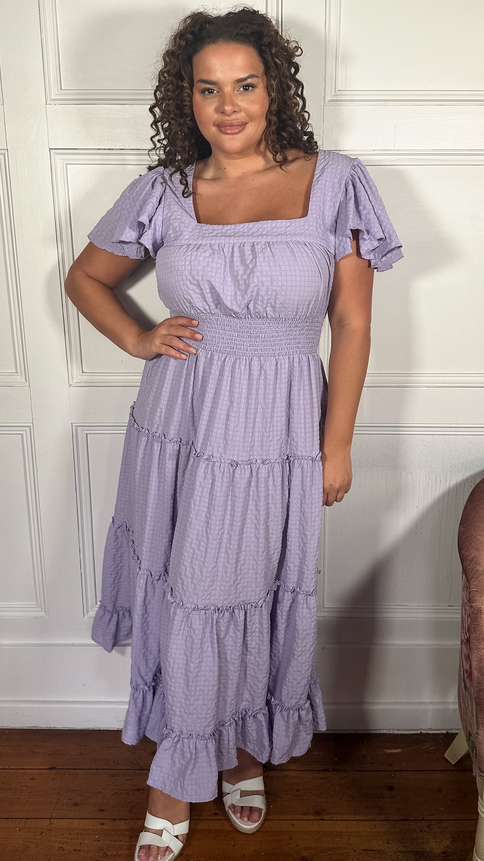 CurveWow Square Neck Seersucker Dress Lilac