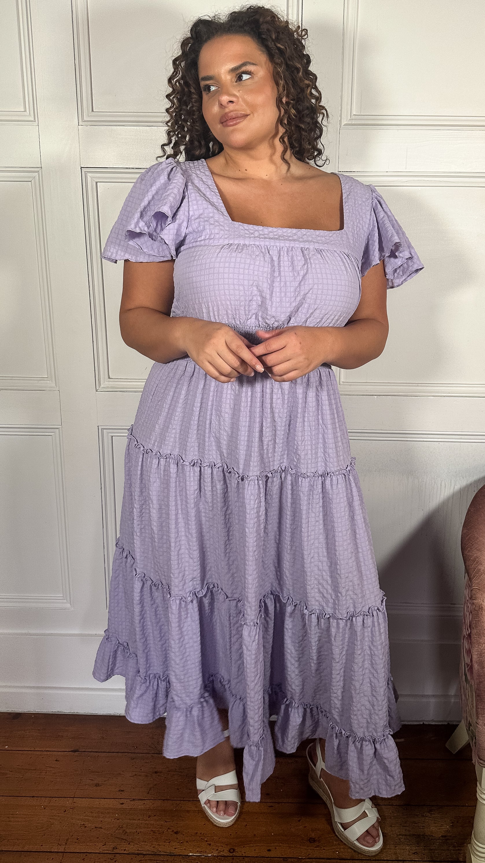 CurveWow Square Neck Seersucker Dress Lilac