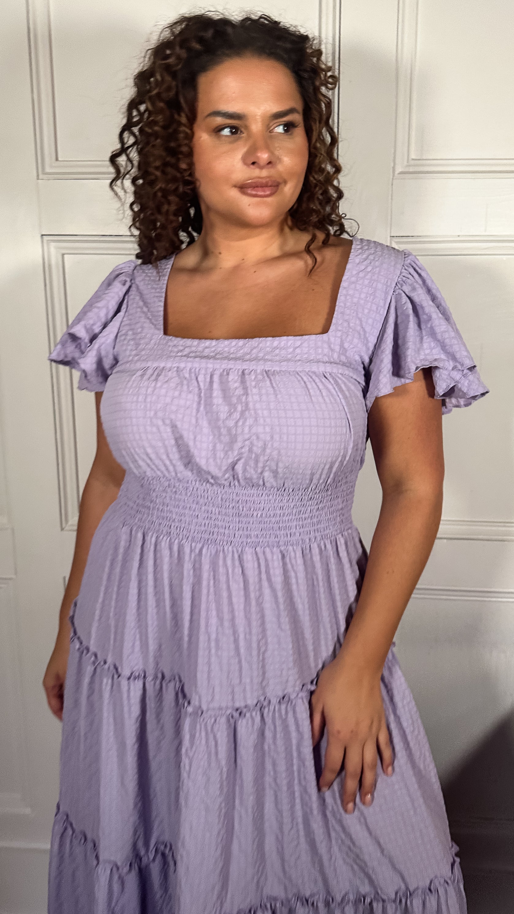 CurveWow Square Neck Seersucker Dress Lilac