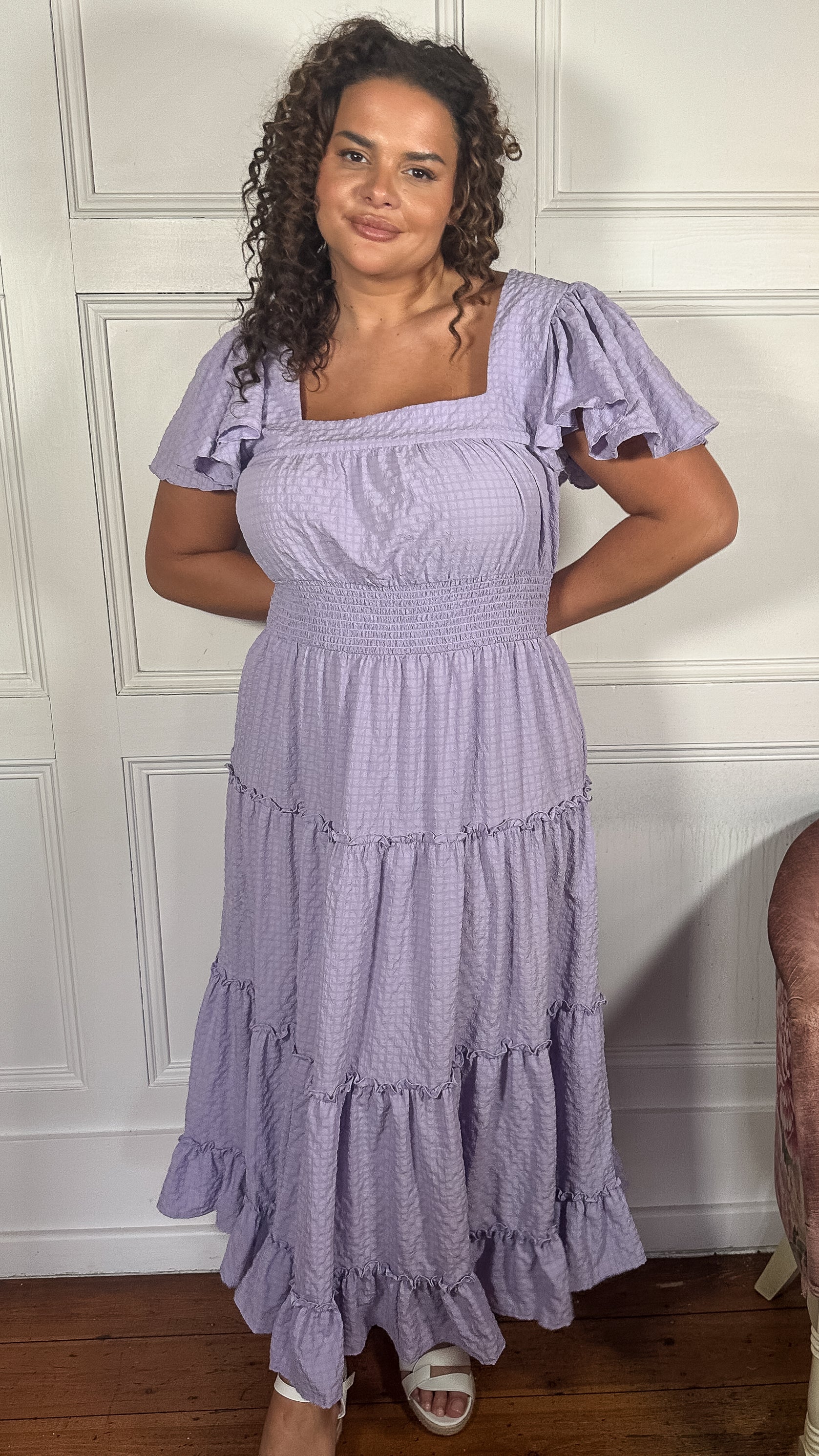 CurveWow Square Neck Seersucker Dress Lilac