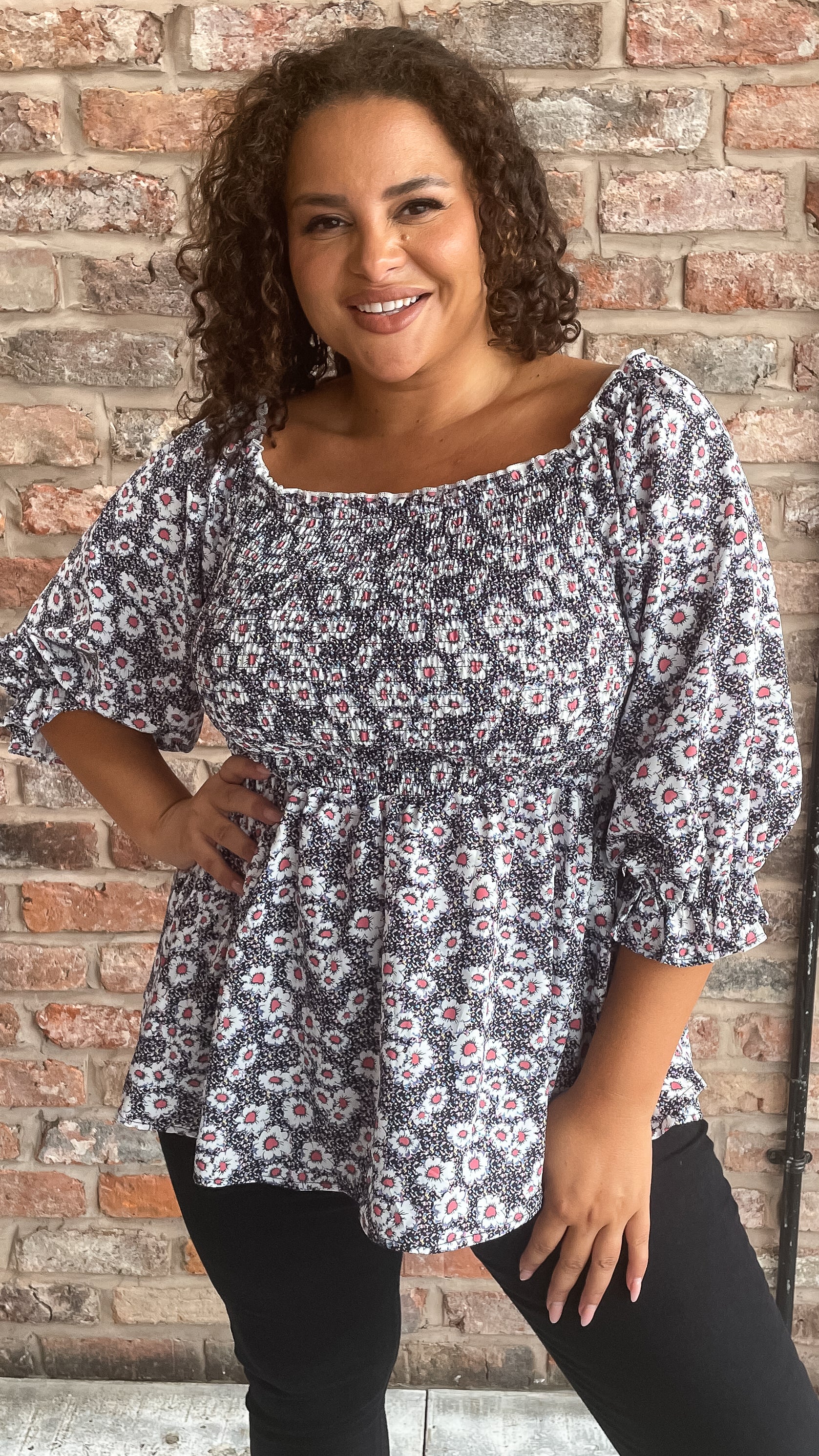 CurveWow Peplum Top Multi Floral Dot Print