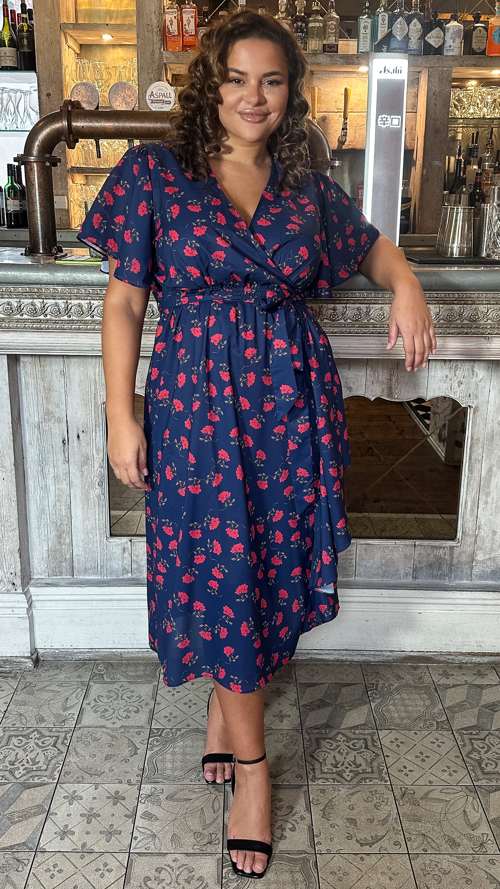 CurveWow Frill Angel Sleeve Wrap Midi Dress Navy Floral