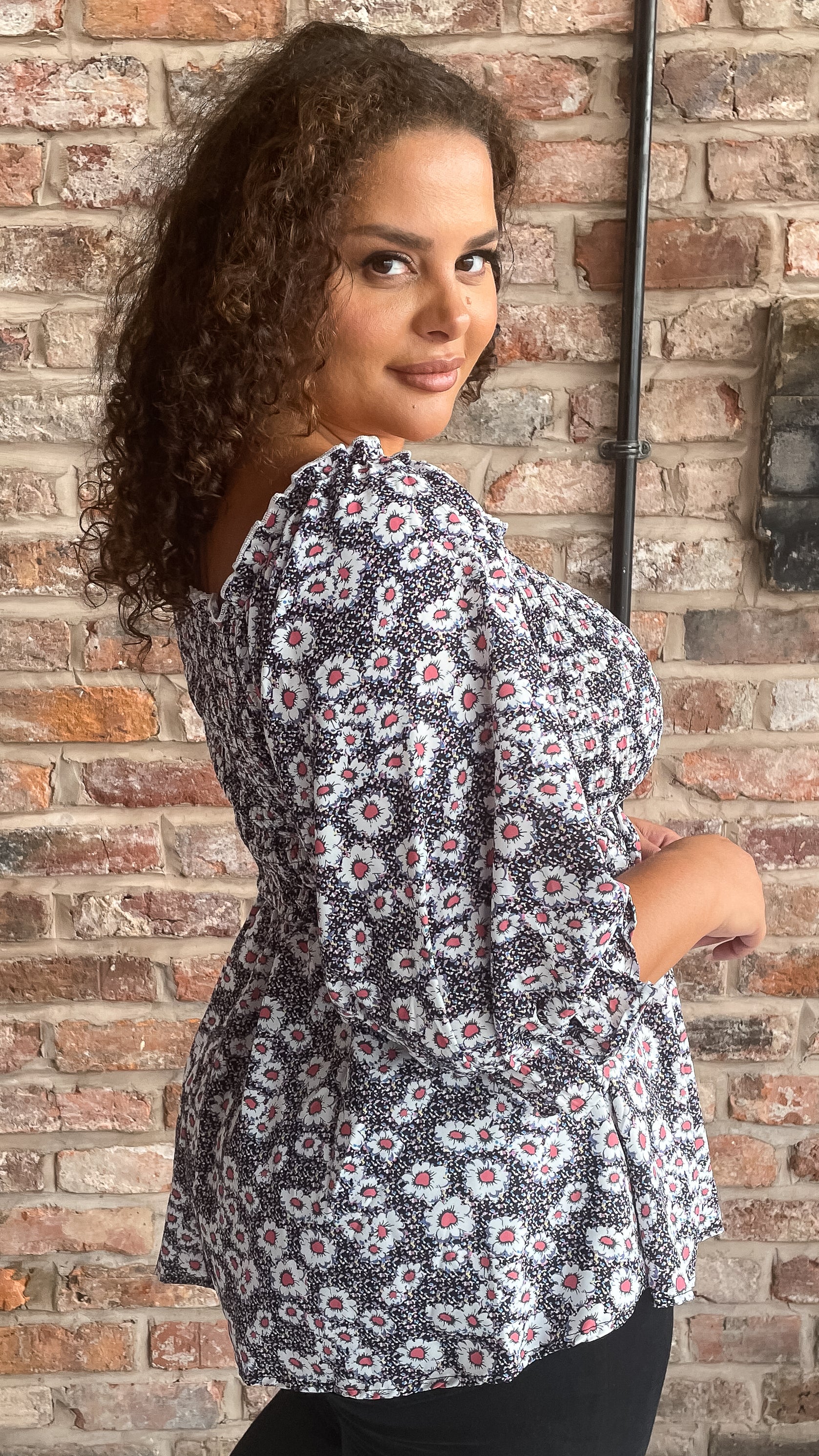 CurveWow Peplum Top Multi Floral Dot Print