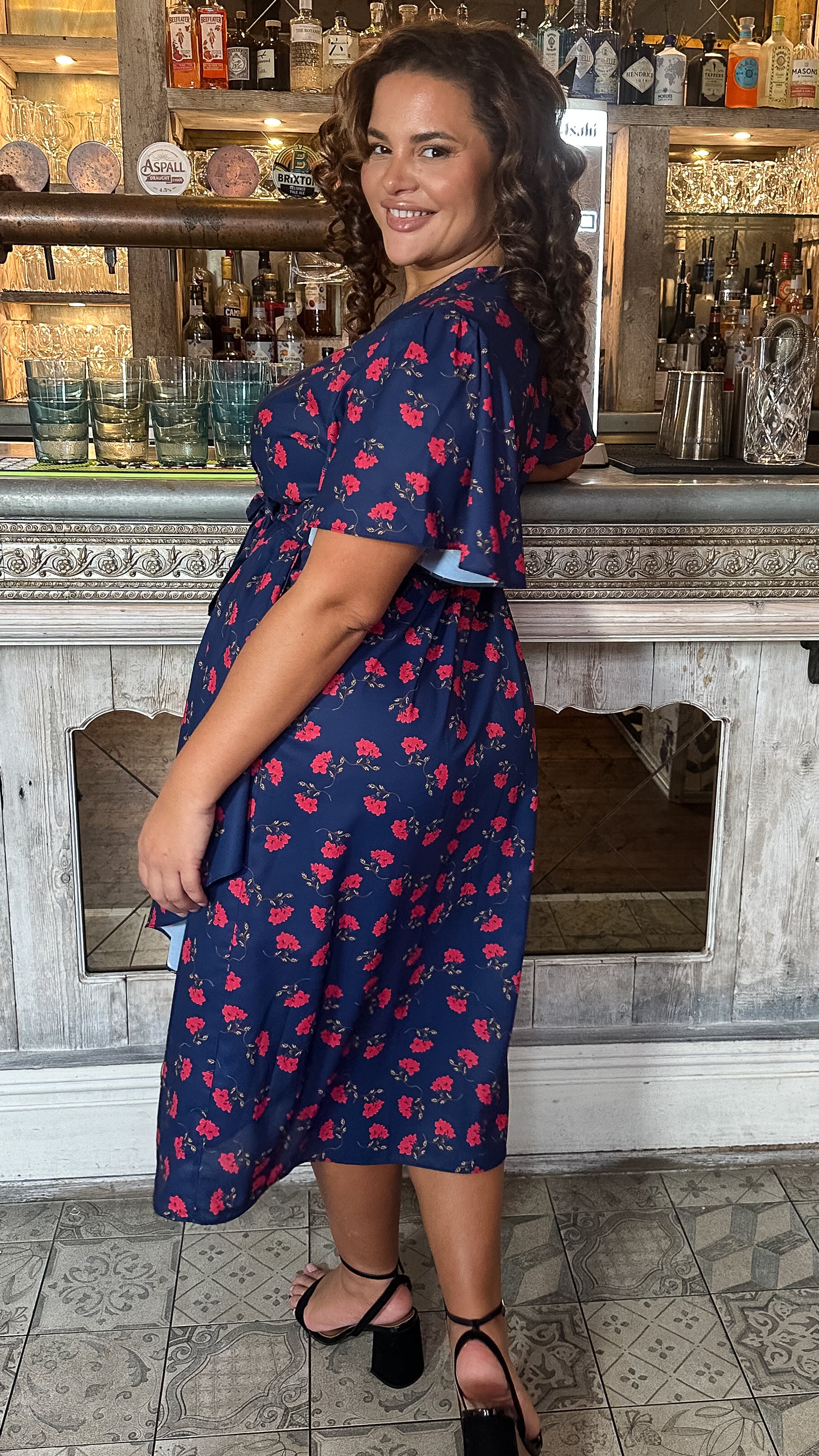 CurveWow Frill Angel Sleeve Wrap Midi Dress Navy Floral
