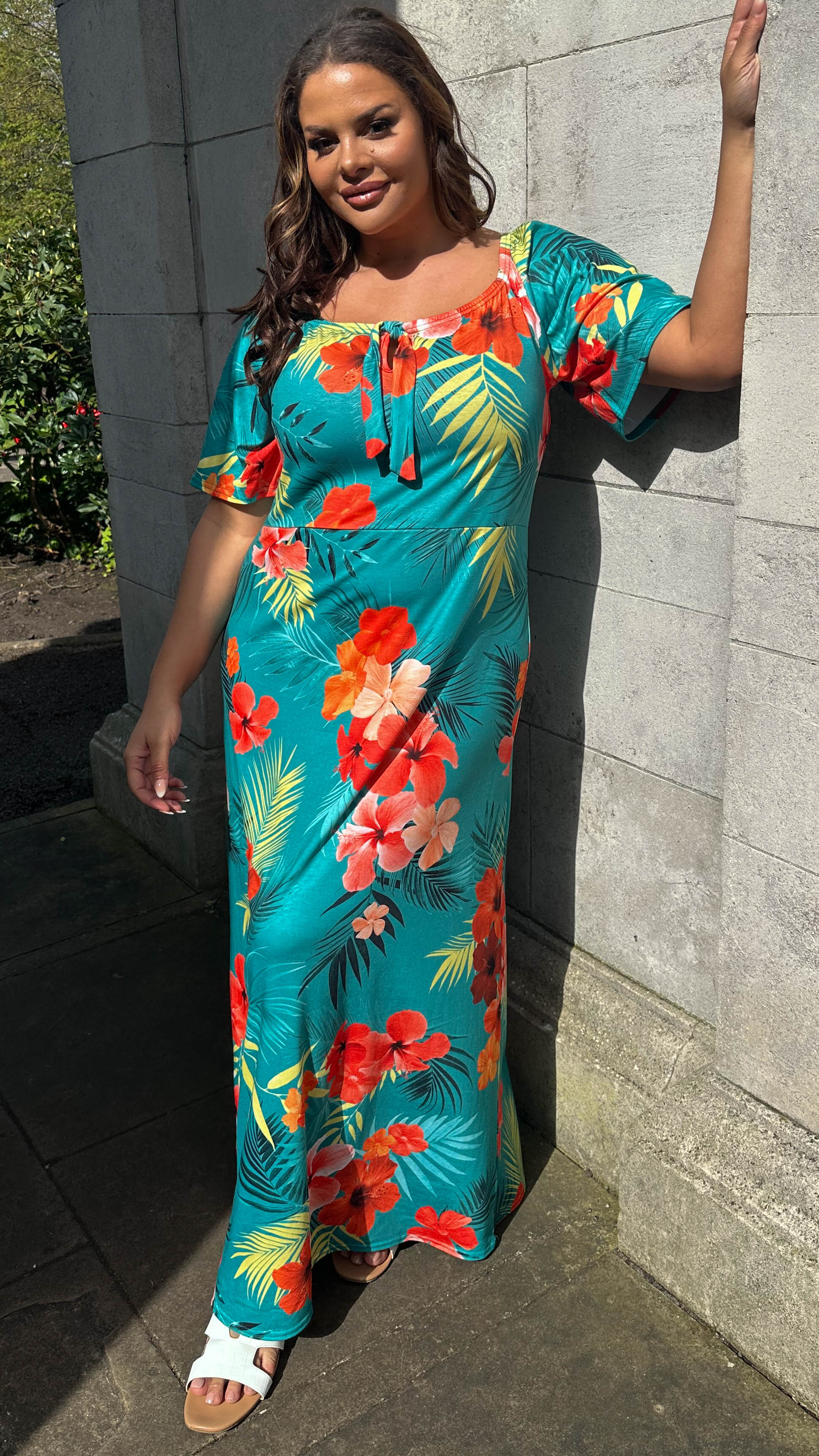 CurveWow Tie Neck Maxi Dress Teal Tropical Print