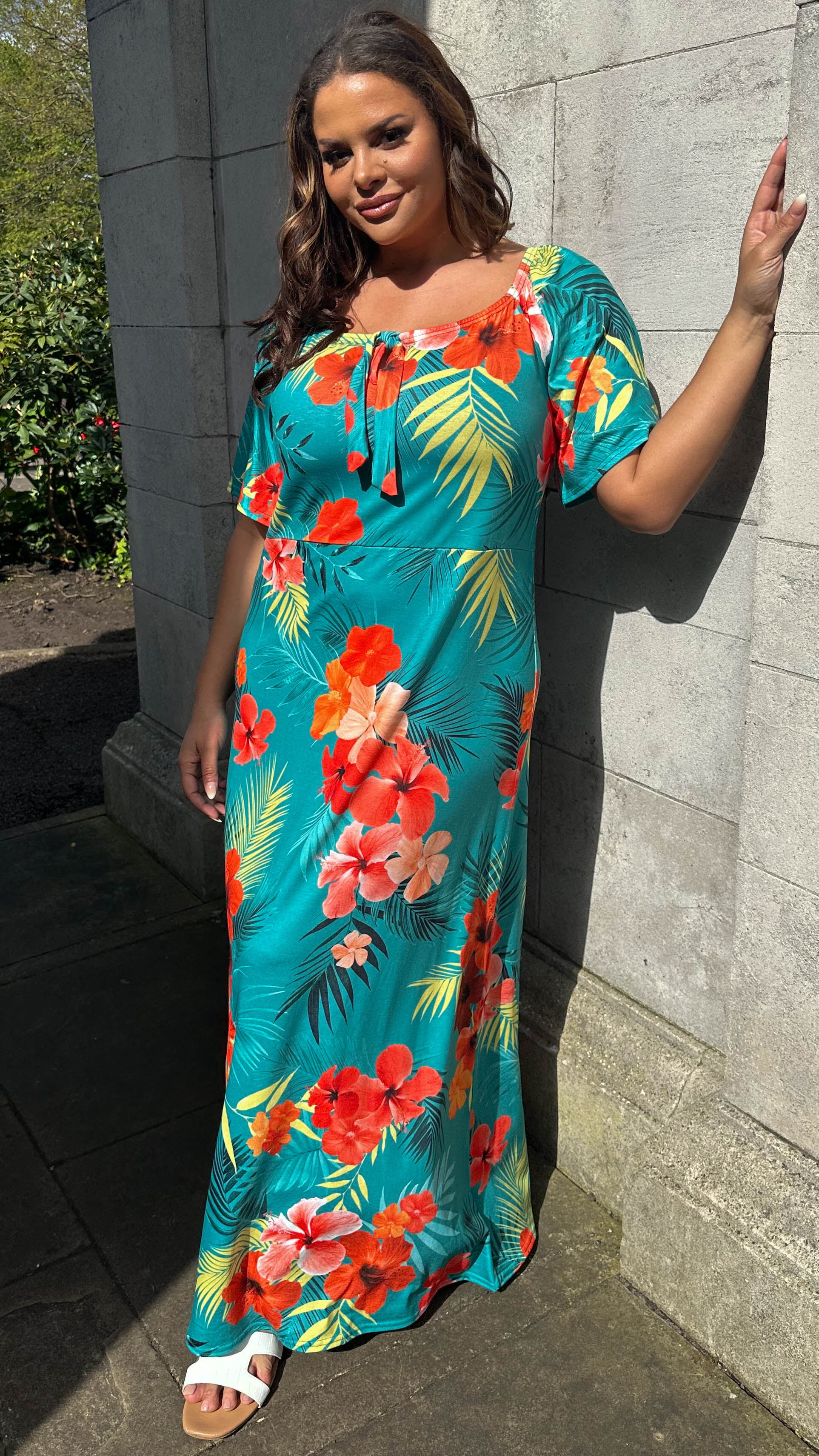 CurveWow Tie Neck Maxi Dress Teal Tropical Print