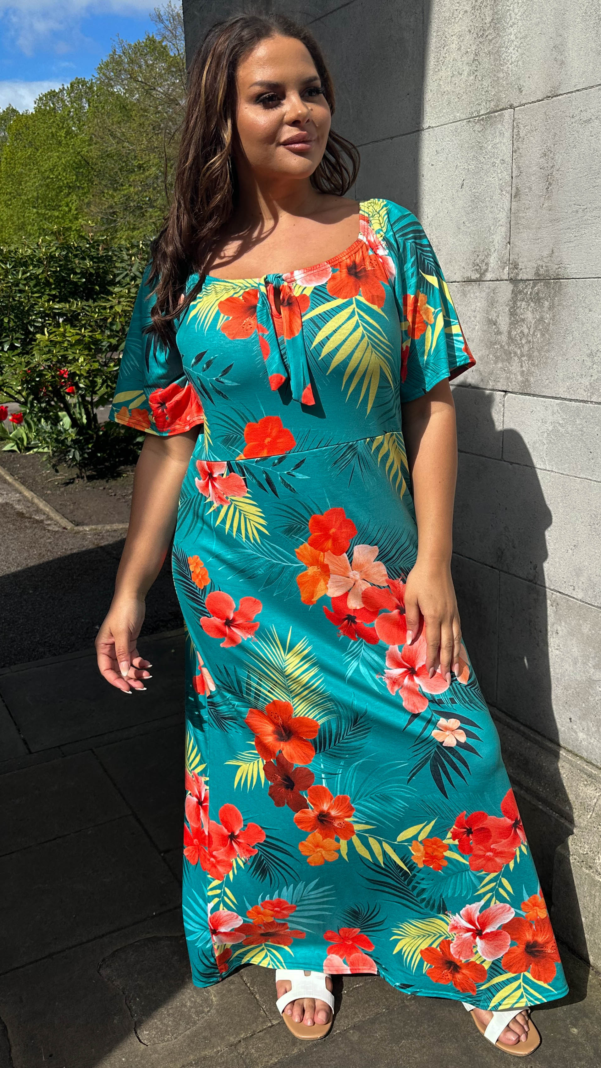 CurveWow Tie Neck Maxi Dress Teal Tropical Print