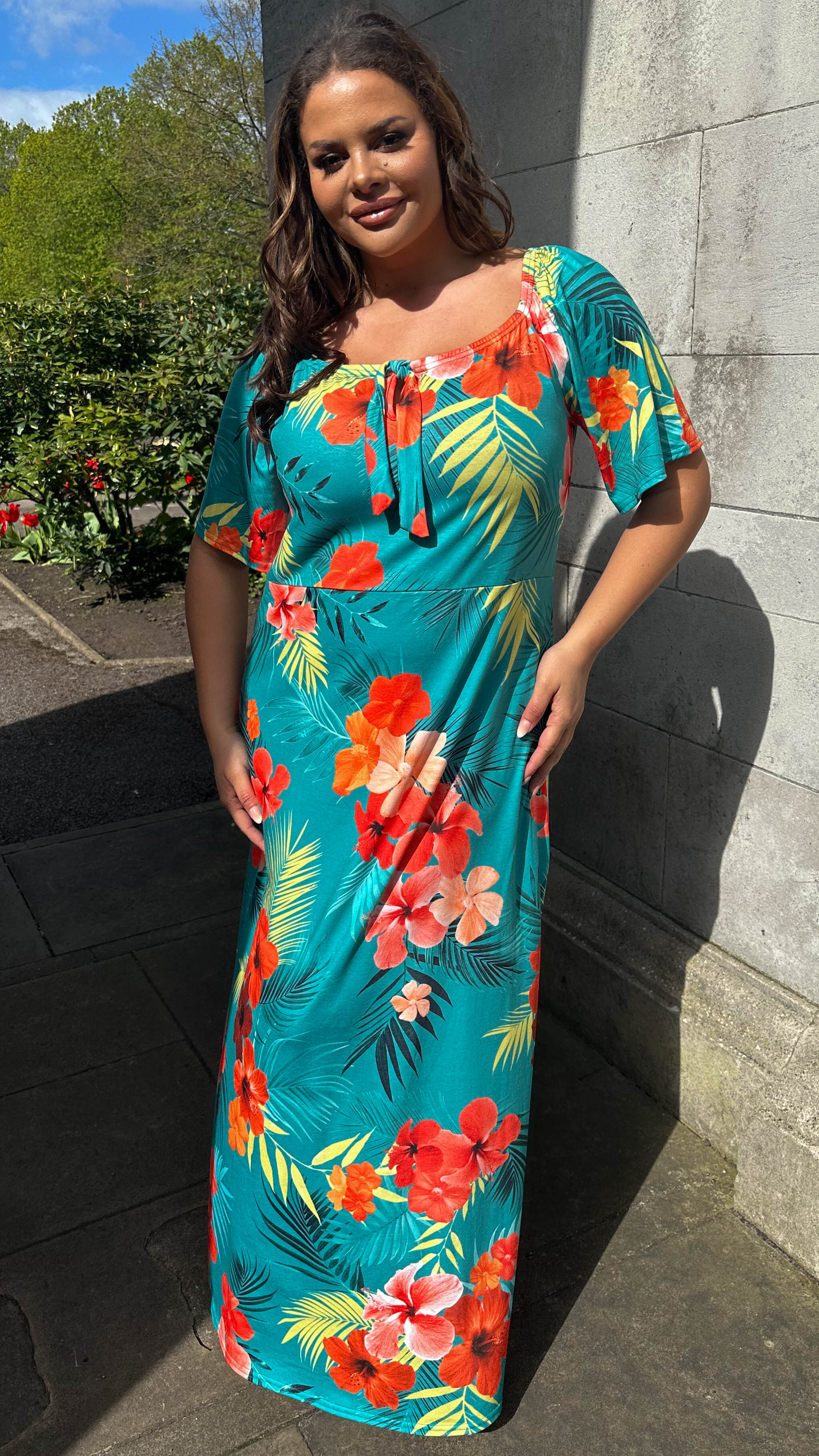 CurveWow Tie Neck Maxi Dress Teal Tropical Print