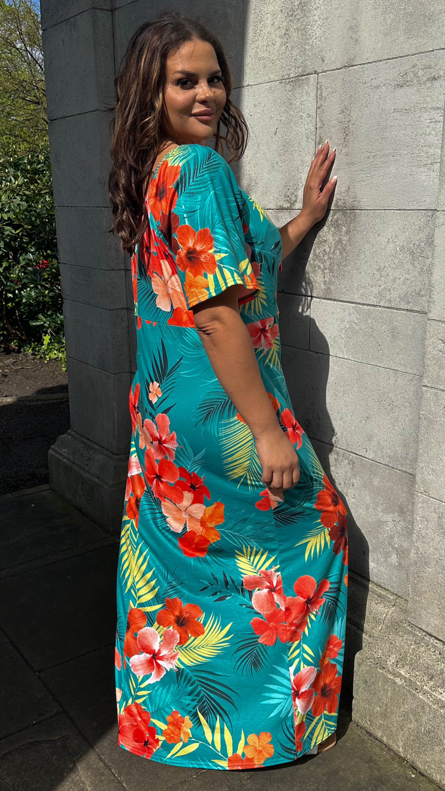 CurveWow Tie Neck Maxi Dress Teal Tropical Print