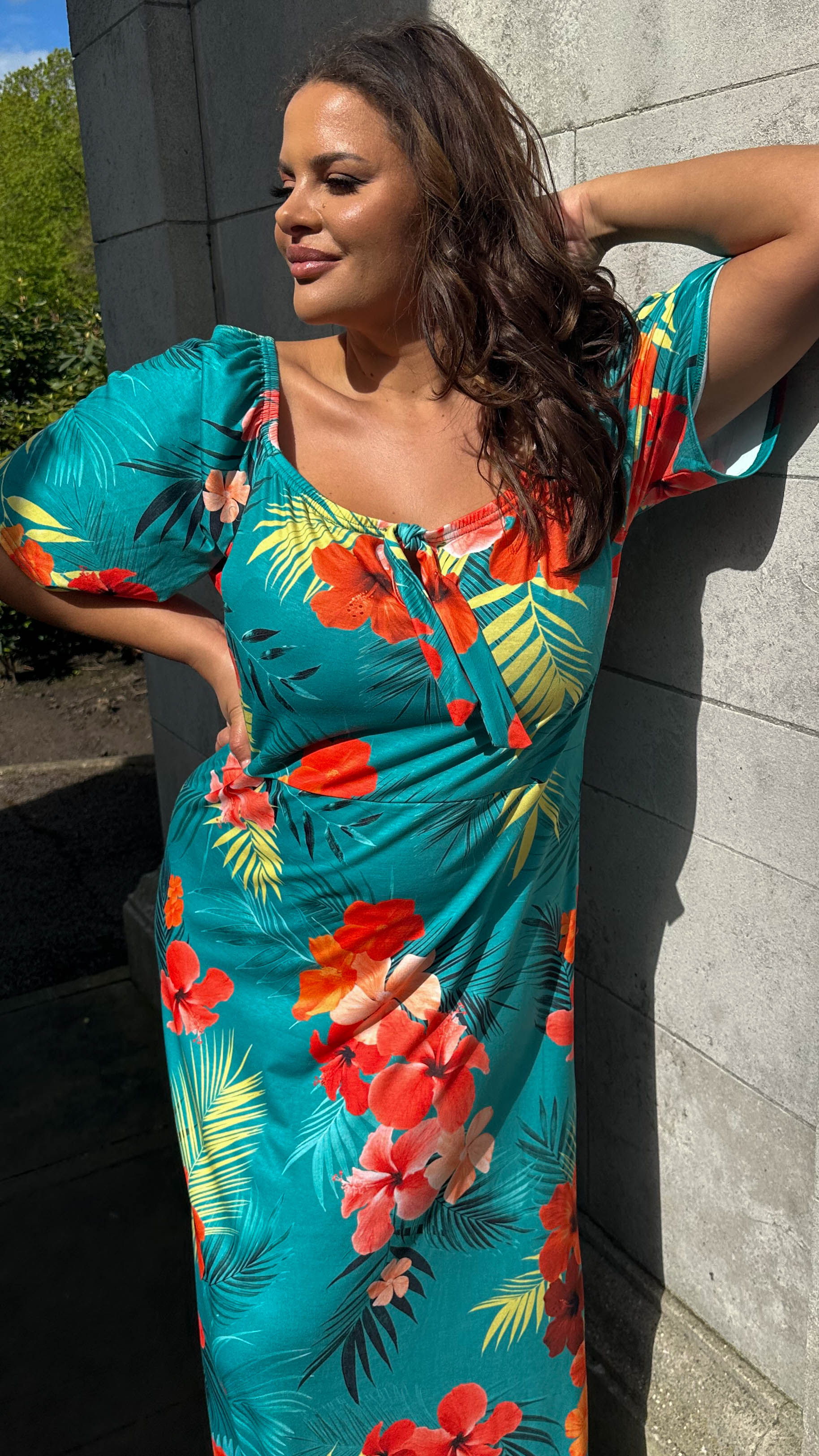 CurveWow Tie Neck Maxi Dress Teal Tropical Print