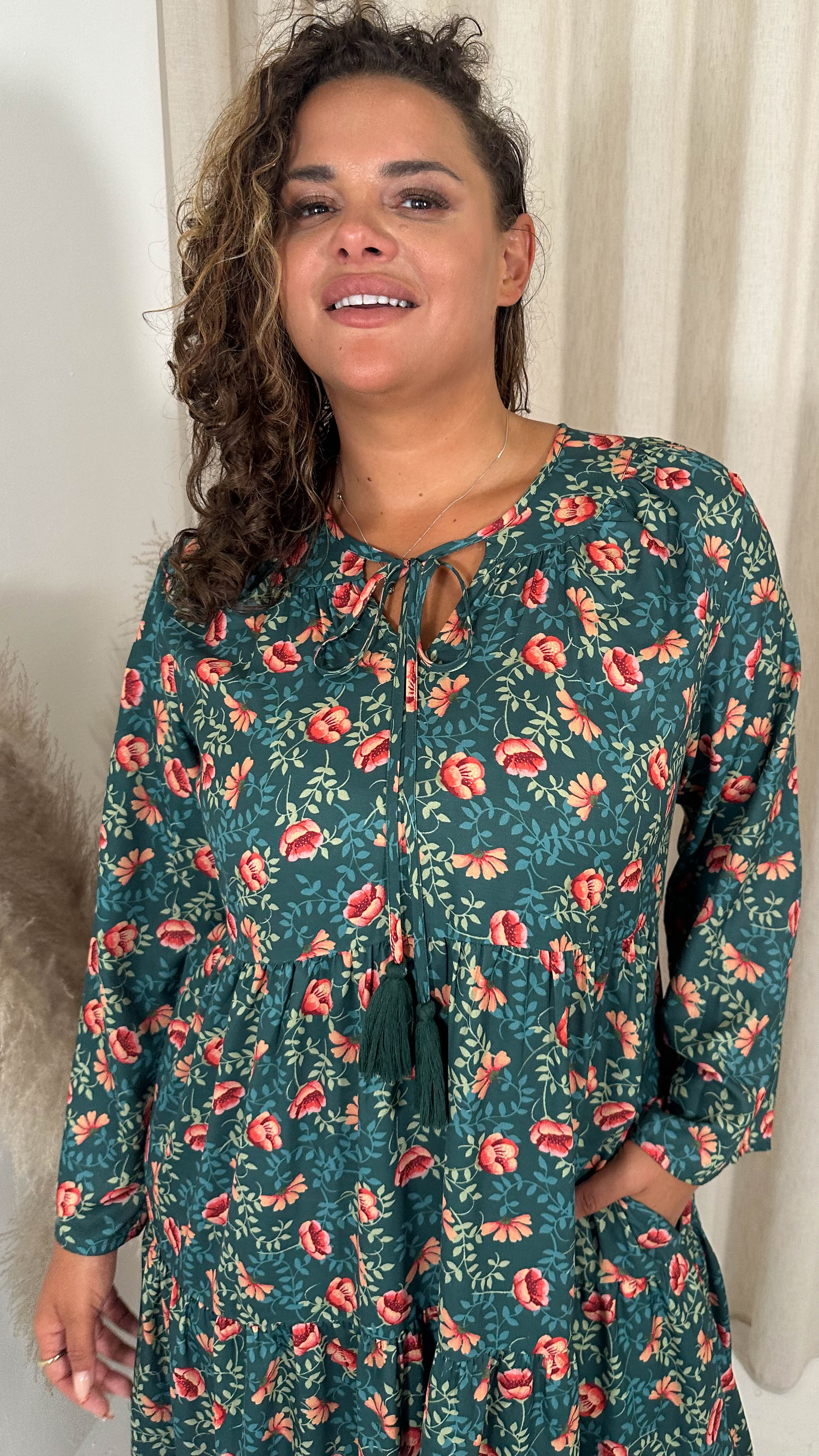 CurveWow Tassel Tiered Maxi Dress Green Floral