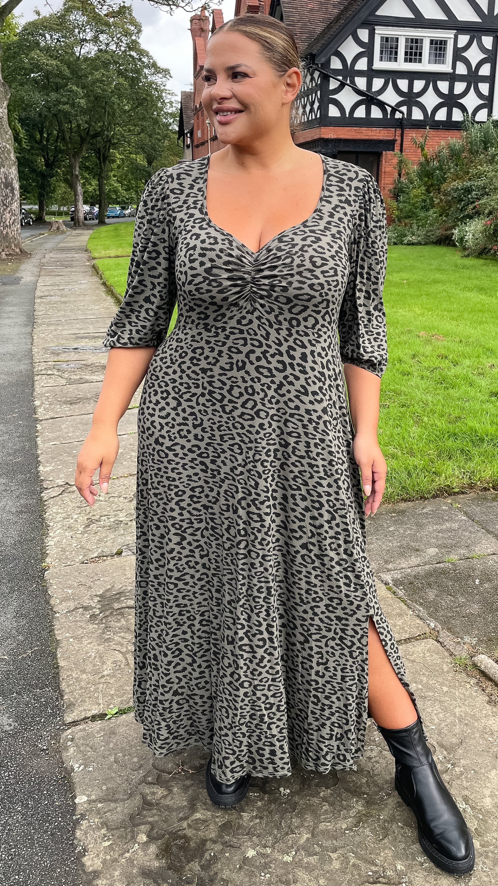 CurveWow Sweetheart Split Front Midaxi Dress Khaki Leopard