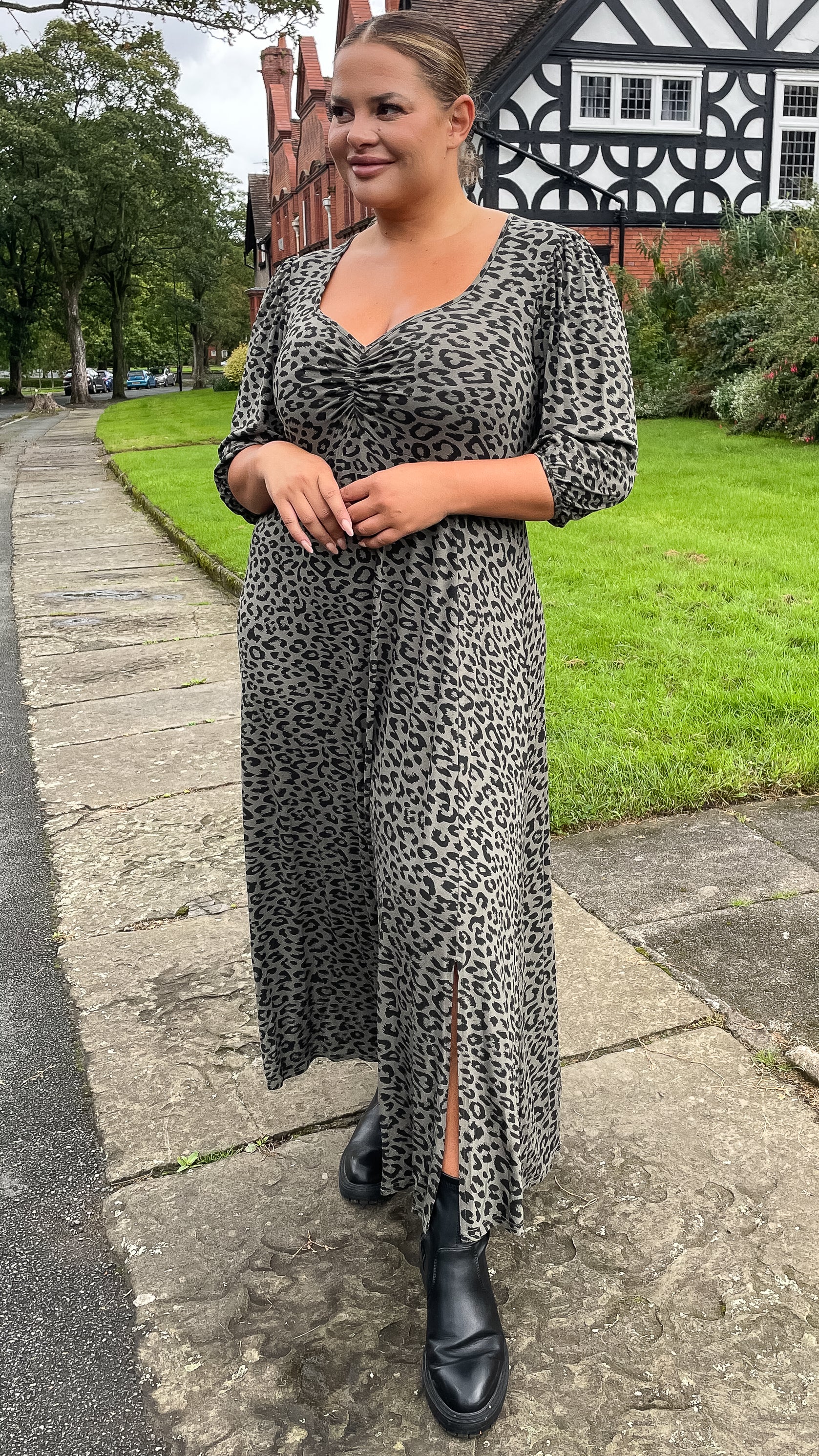 CurveWow Sweetheart Split Front Midaxi Dress Khaki Leopard