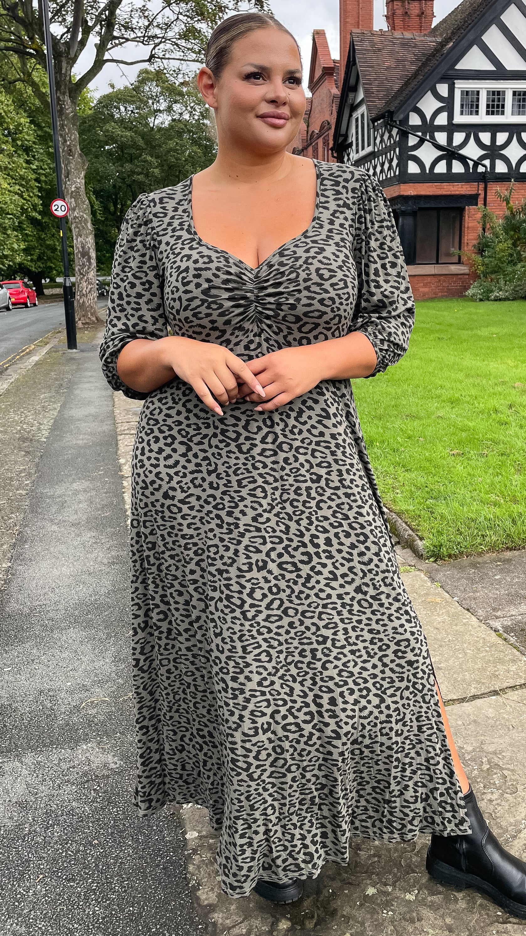 CurveWow Sweetheart Split Front Midaxi Dress Khaki Leopard