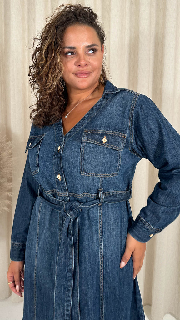 CurveWow Denim Belted Midaxi Shirt Dress Indigo Blue – Curvewow